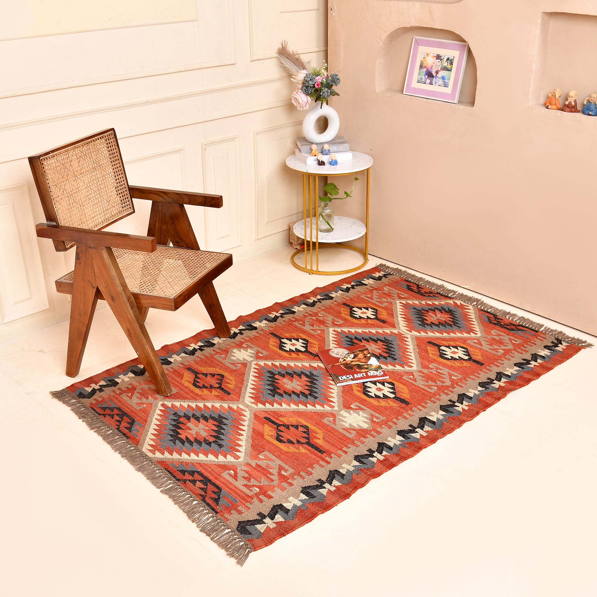 Handwoven Southwestern Wool Kilim Area Rug - Handmade Tribal Geometric Flatweave Ruge
