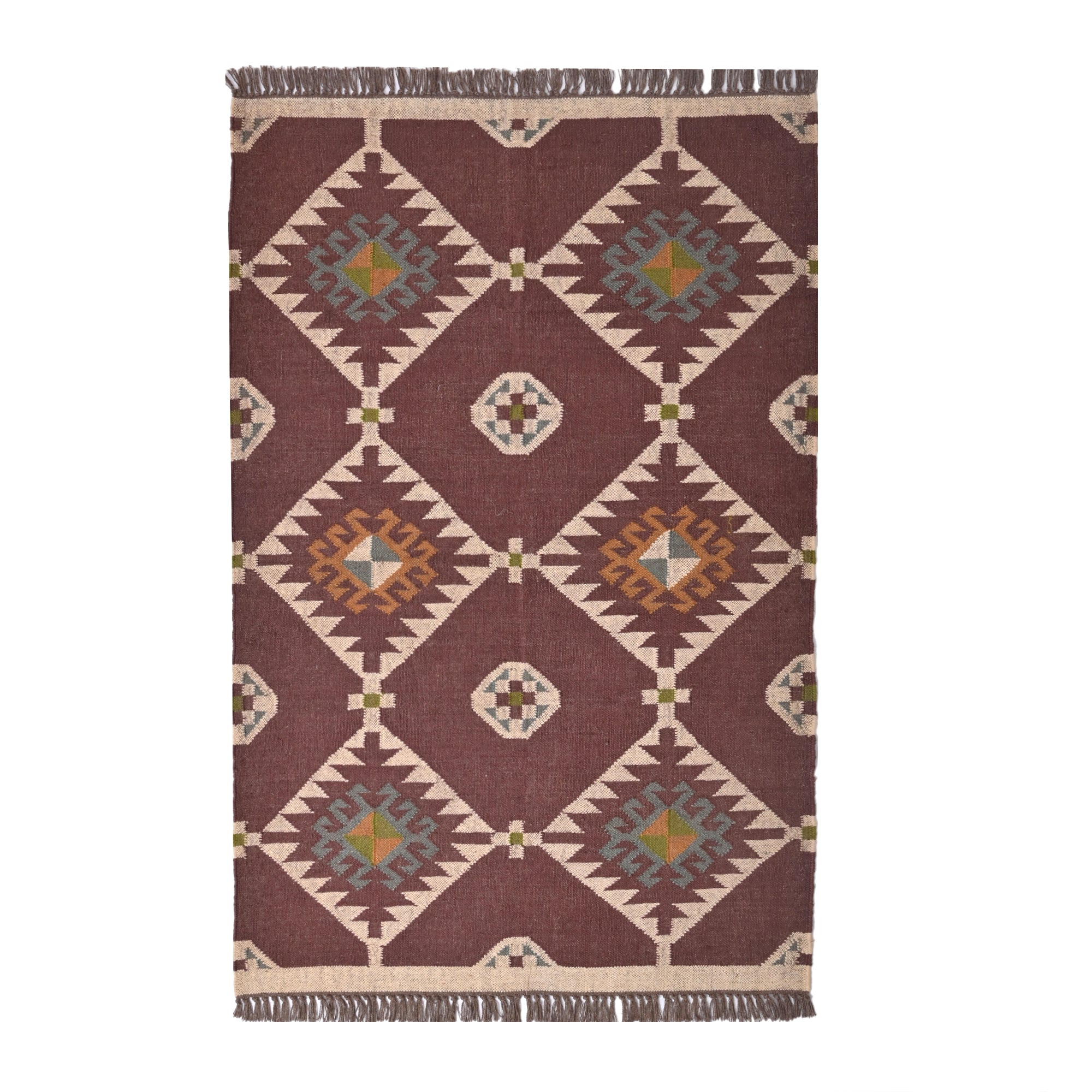 Handmade Wool & Jute Geometric Area Rug Brown Flatweave Boho Rug For Living Room