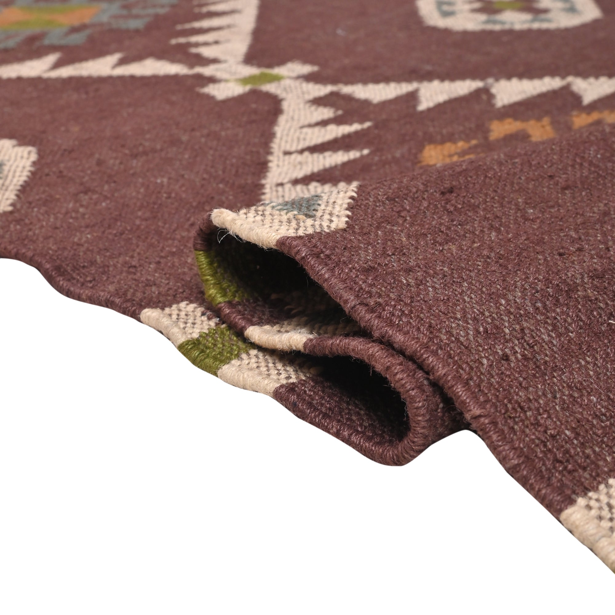 Handmade wool and jute geometric flatweave area rug in brown with tribal-inspired design for living room, bedroom, hallway, and entryway.