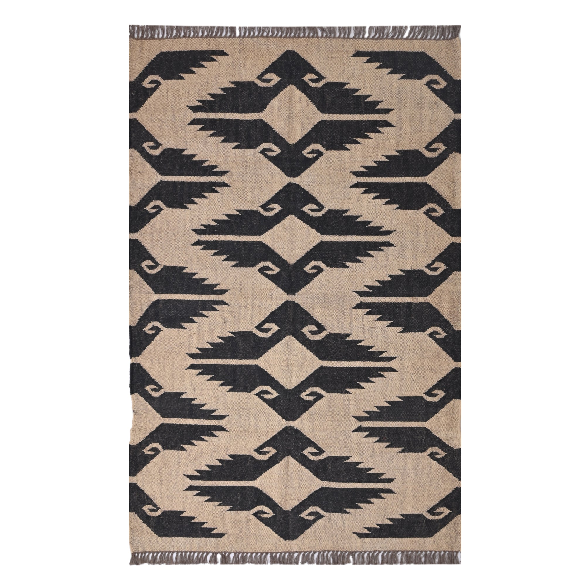 Handwoven black and ivory wool jute tribal flatweave area rug for living room and bedroom.