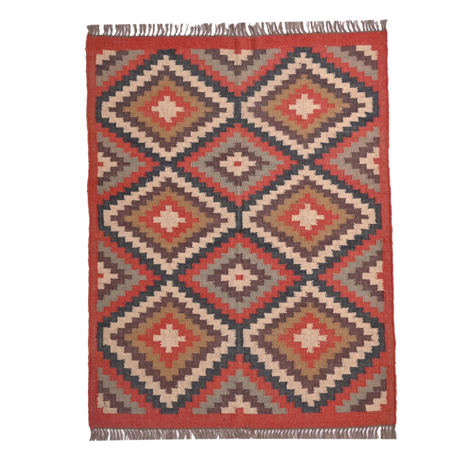 Handwoven Terracotta Kilim Area Rug Handmade Wool Jute Geometric Rug
