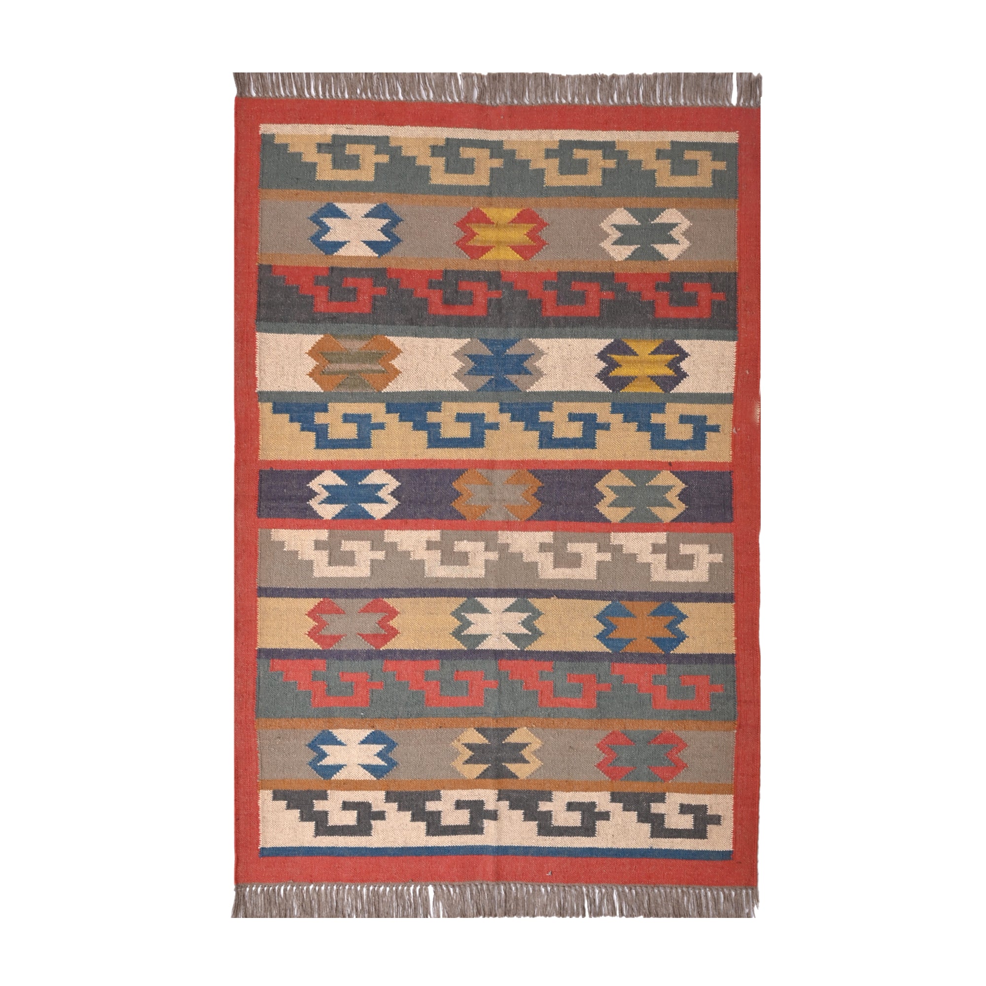 Handwoven Southwestern Kilim wool cotton area rug with colorful tribal geometric pattern in a modern living room.