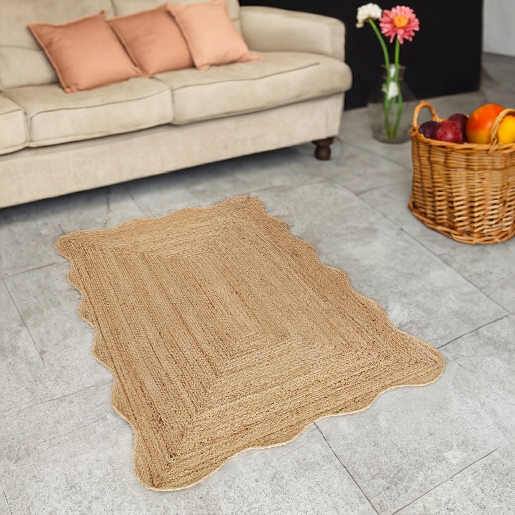 Handwoven Natural Jute Scalloped Rug Handmade Eco-Friendly Boho Area Rug