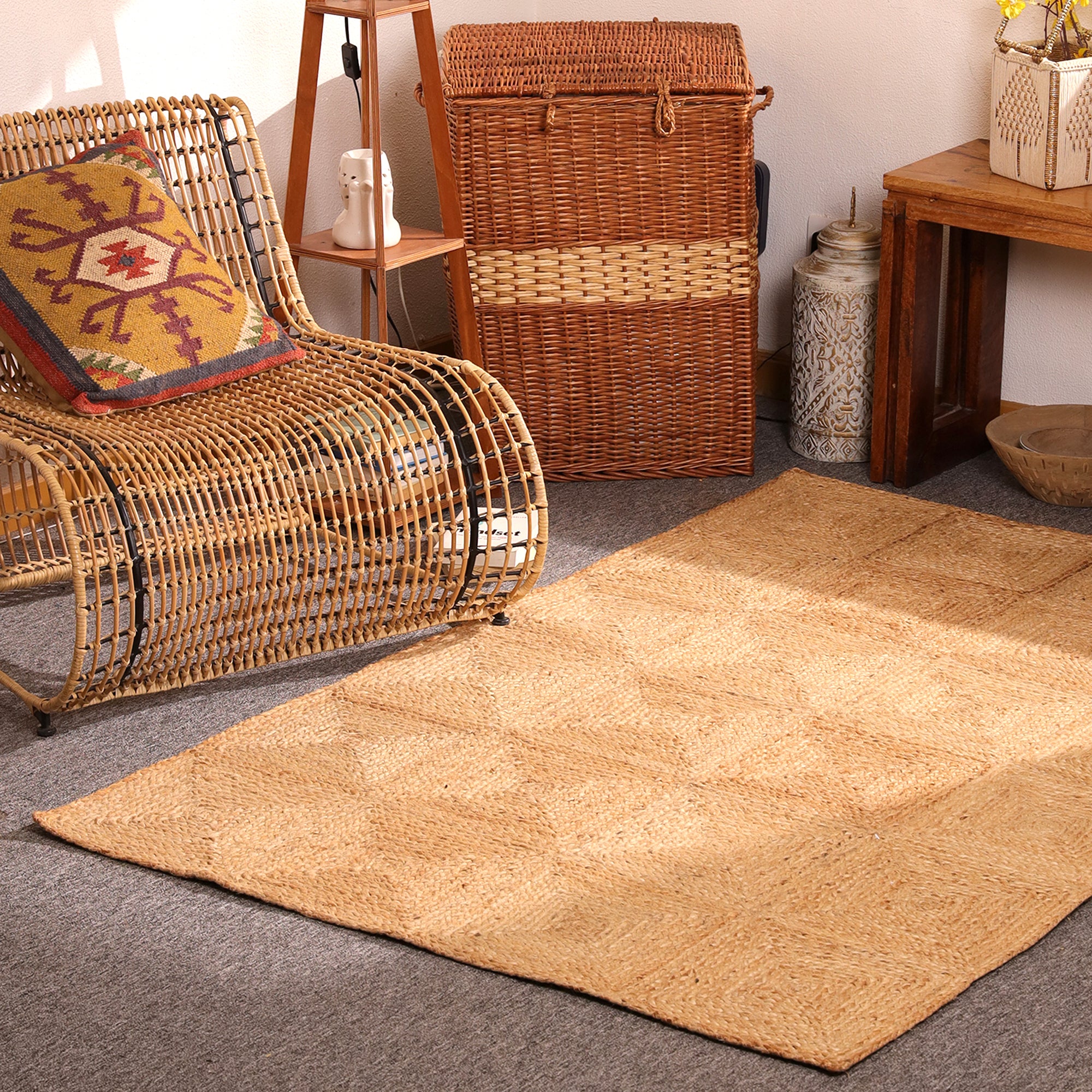 Handwoven Natural Jute Patchwork Area Rug Eco-Friendly Braided Farmhouse