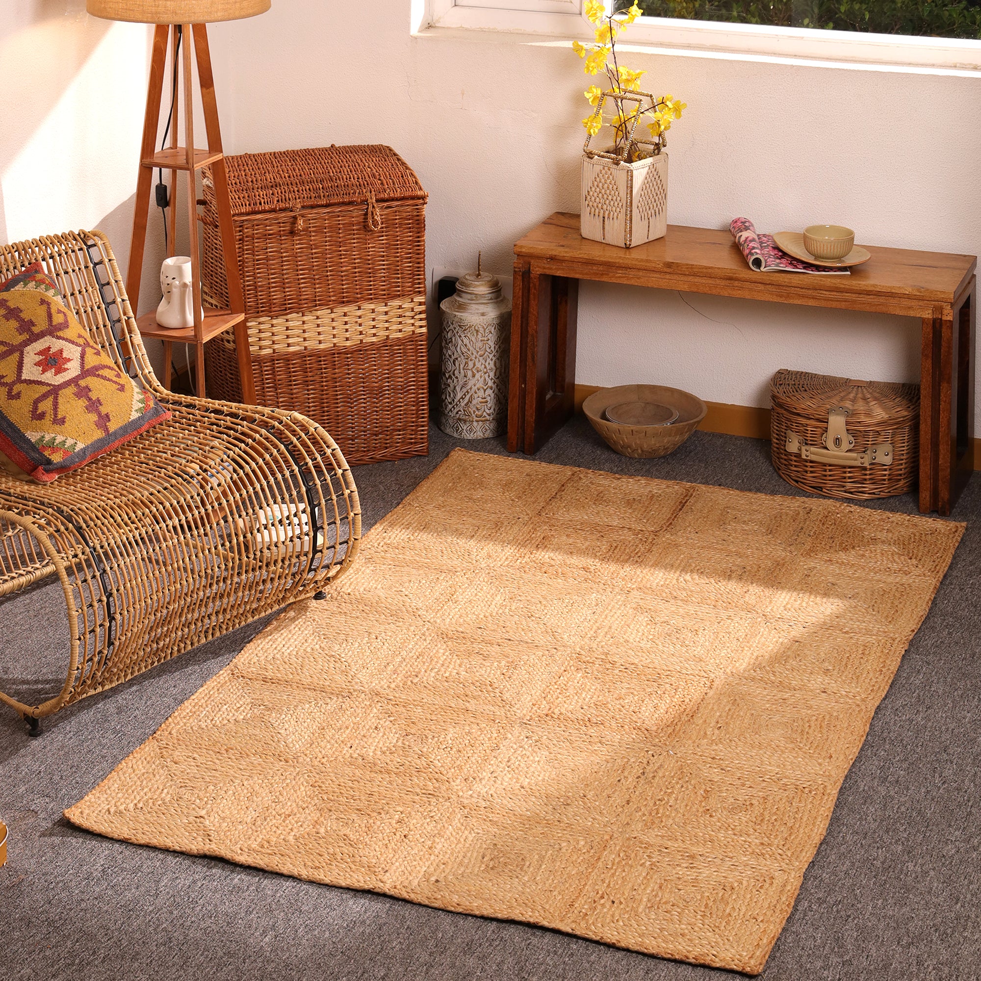 Handwoven Natural Jute Patchwork Area Rug Eco-Friendly Braided Farmhouse