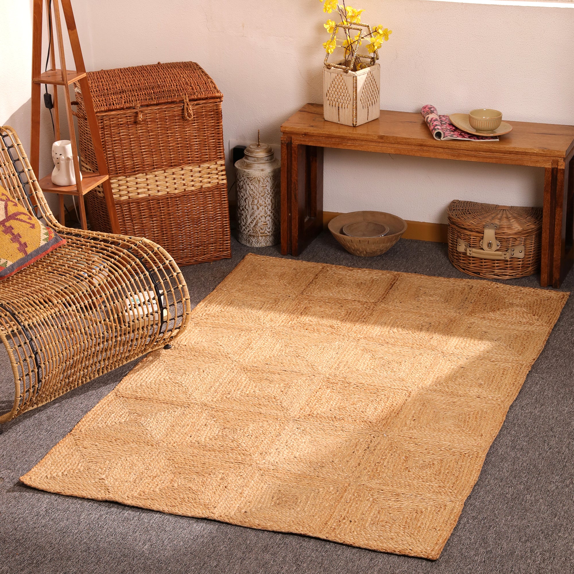 Handwoven Natural Jute Patchwork Area Rug Eco-Friendly Braided Farmhouse