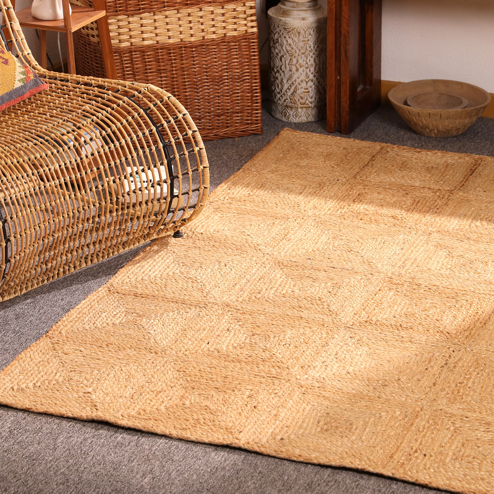 Handwoven Natural Jute Patchwork Area Rug Eco-Friendly Braided Farmhouse