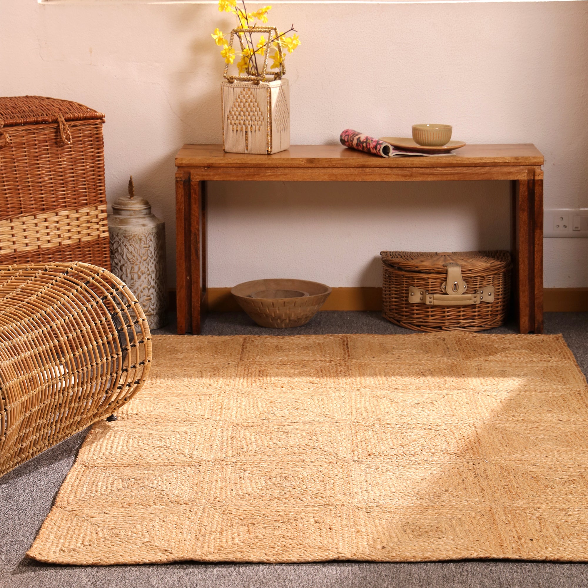 Handwoven Natural Jute Patchwork Area Rug Eco-Friendly Braided Farmhouse