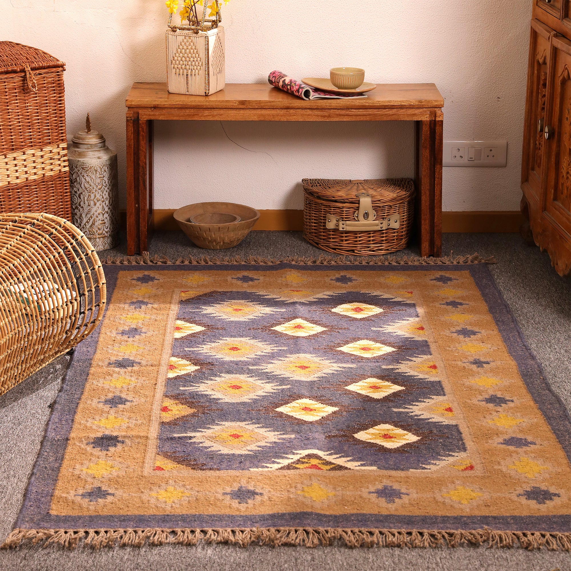 Handwoven Blue & Beige Kilim Area Rug – Geometric Tribal Wool Flatweave Rug with Fringe | Living Room & Bedroom Decor