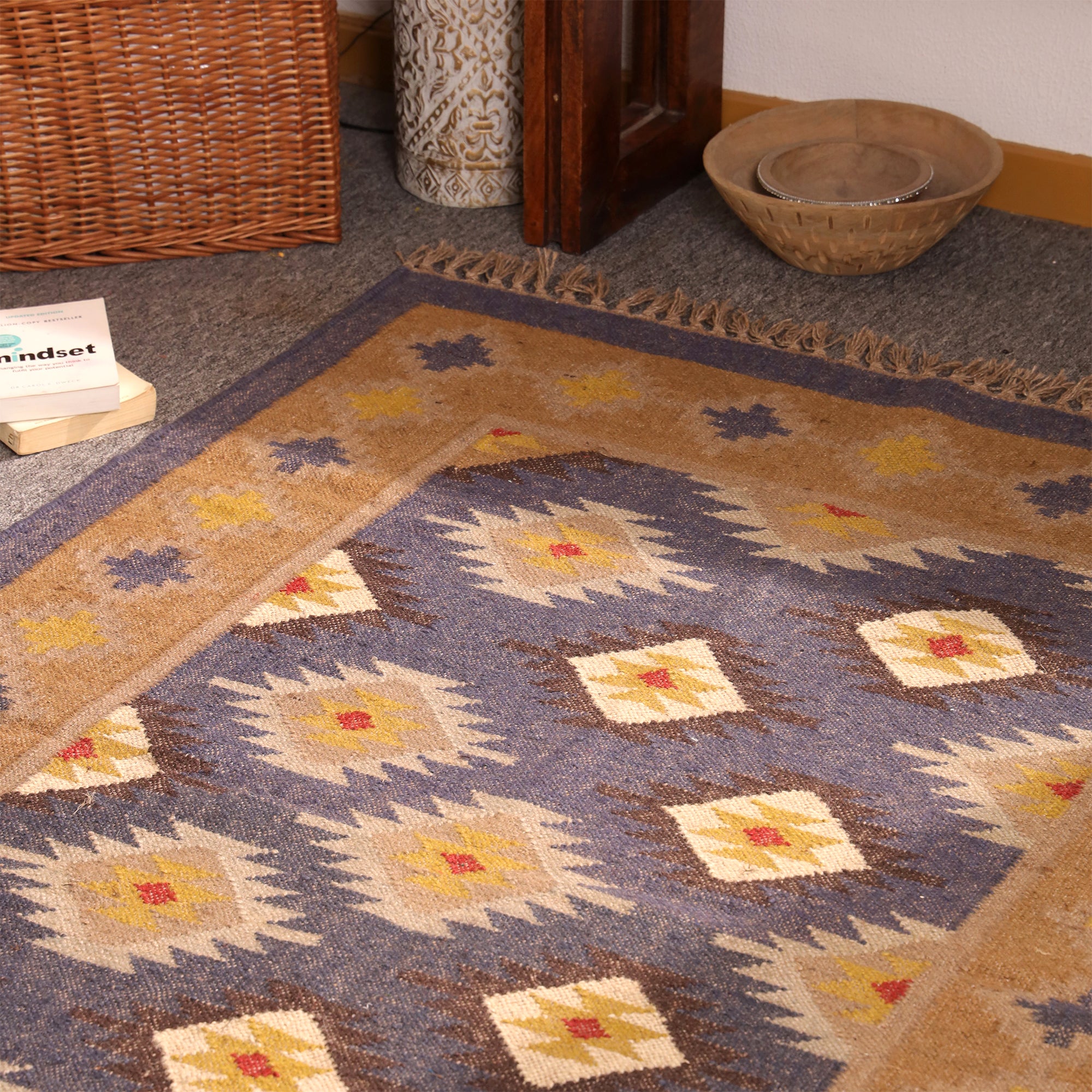 Handwoven Blue & Beige Kilim Area Rug – Geometric Tribal Wool Flatweave Rug with Fringe | Living Room & Bedroom Decor