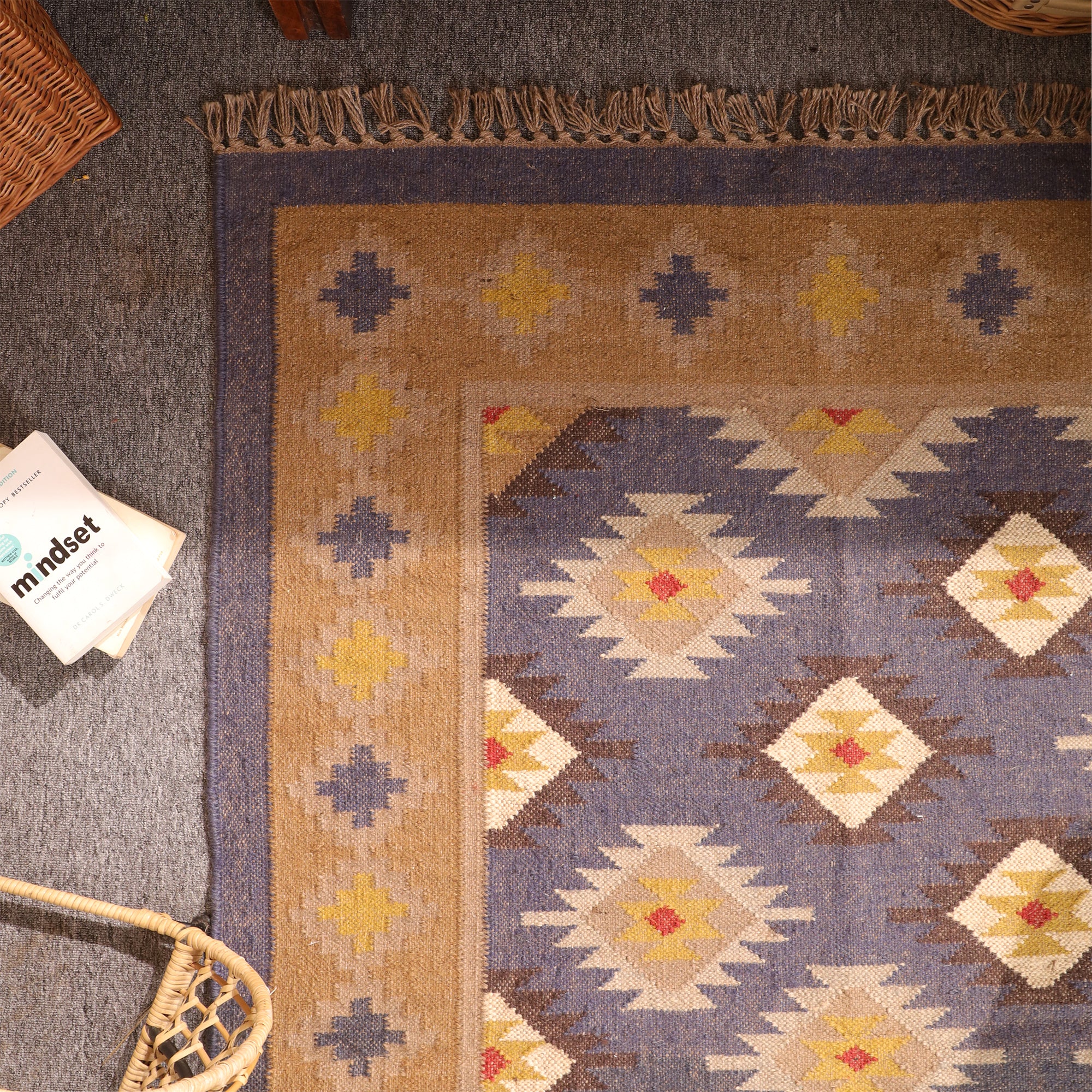 Handwoven Blue & Beige Kilim Area Rug – Geometric Tribal Wool Flatweave Rug with Fringe | Living Room & Bedroom Decor