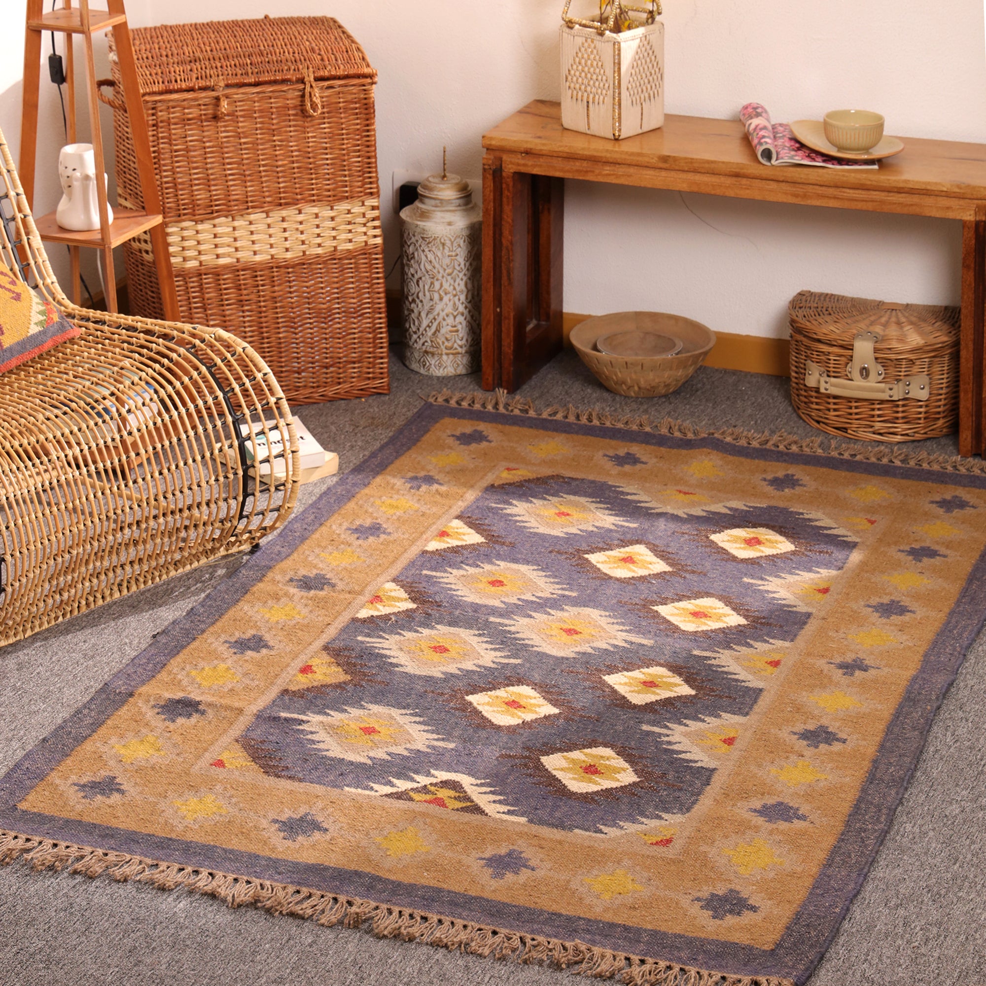 Handwoven Blue & Beige Kilim Area Rug – Geometric Tribal Wool Flatweave Rug with Fringe | Living Room & Bedroom Decor