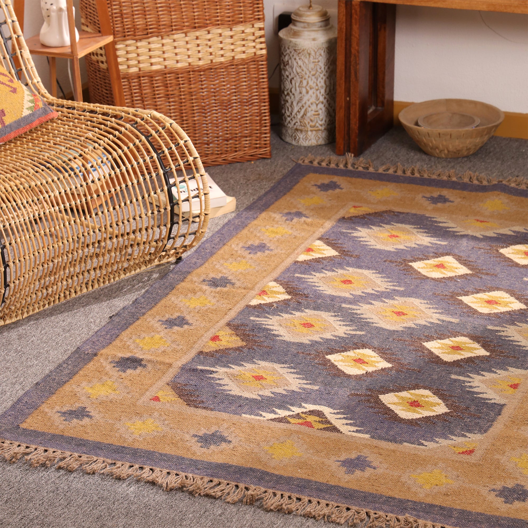 Handwoven Blue & Beige Kilim Area Rug – Geometric Tribal Wool Flatweave Rug with Fringe | Living Room & Bedroom Decor