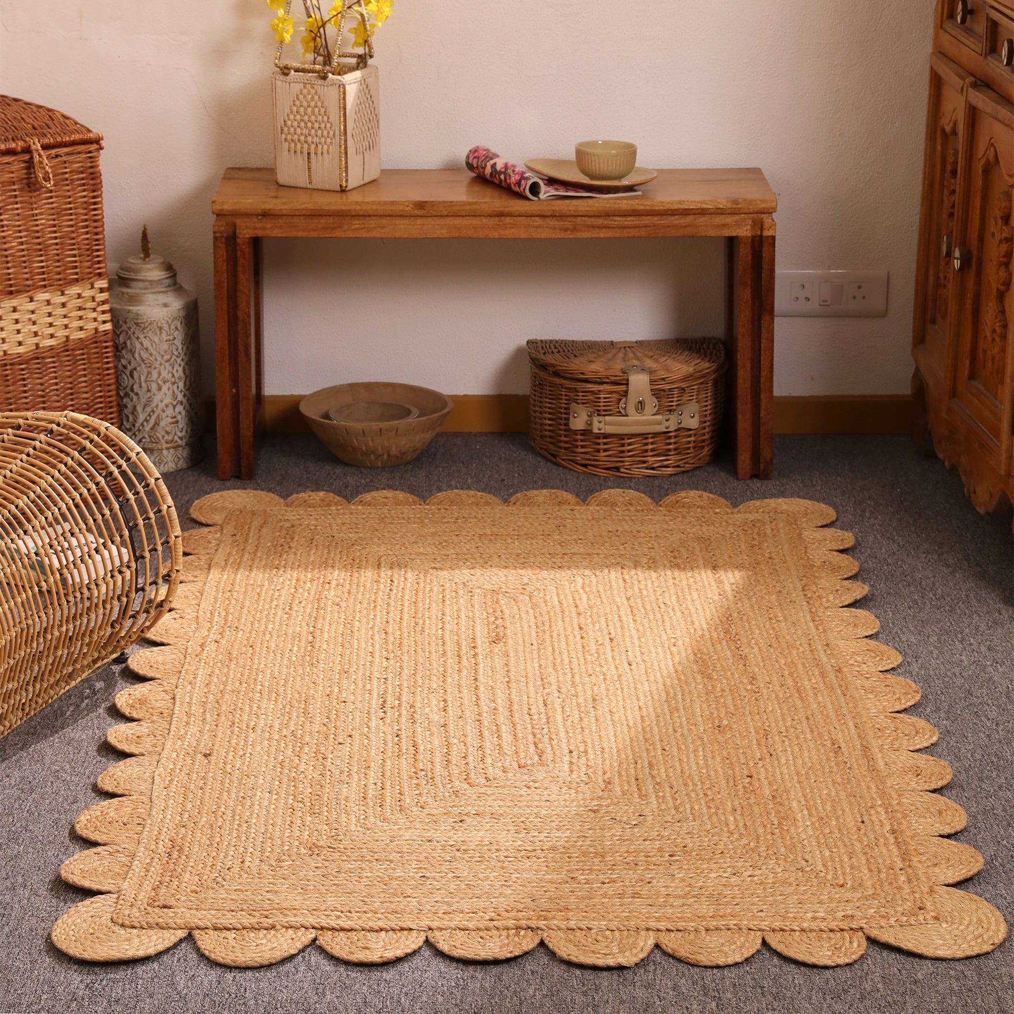 Handwoven Natural Braided Jute Scalloped Rug | Handmade Boho Area Rug | Eco-Friendly Farmhouse Living Room Carpet | Natural Fiber Floor Rug