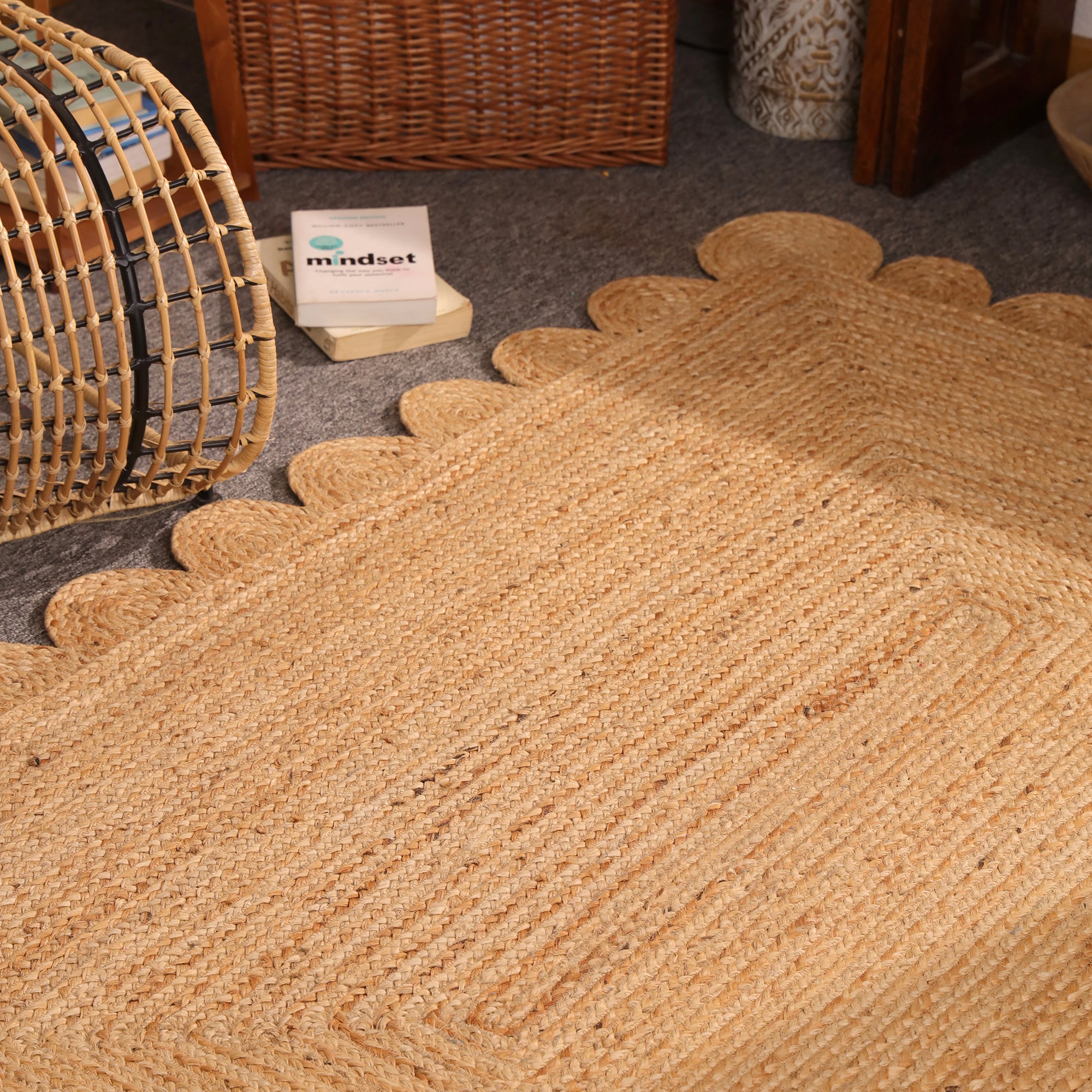Handwoven Natural Braided Jute Scalloped Rug | Handmade Boho Area Rug | Eco-Friendly Farmhouse Living Room Carpet | Natural Fiber Floor Rug