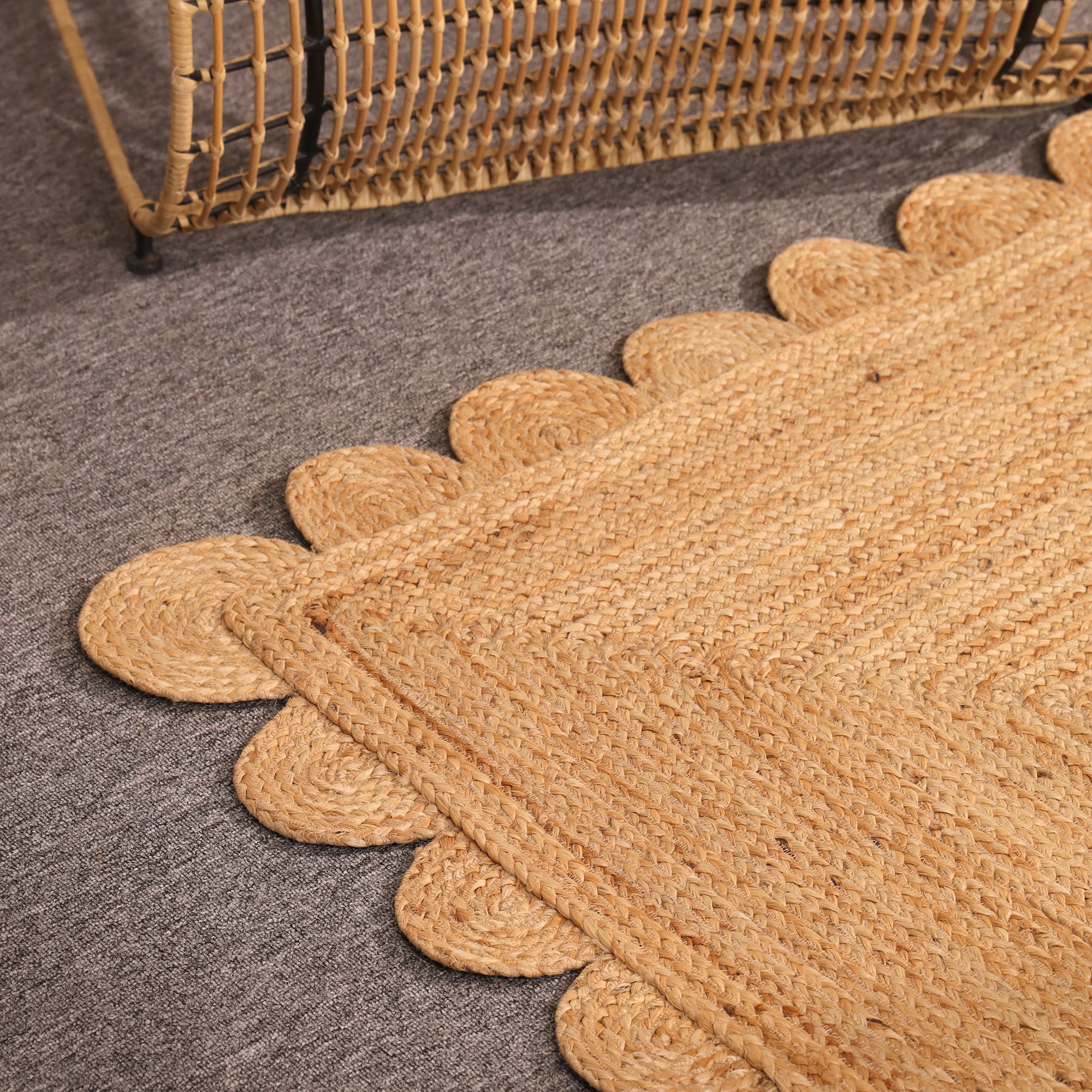 Handwoven Natural Braided Jute Scalloped Rug | Handmade Boho Area Rug | Eco-Friendly Farmhouse Living Room Carpet | Natural Fiber Floor Rug