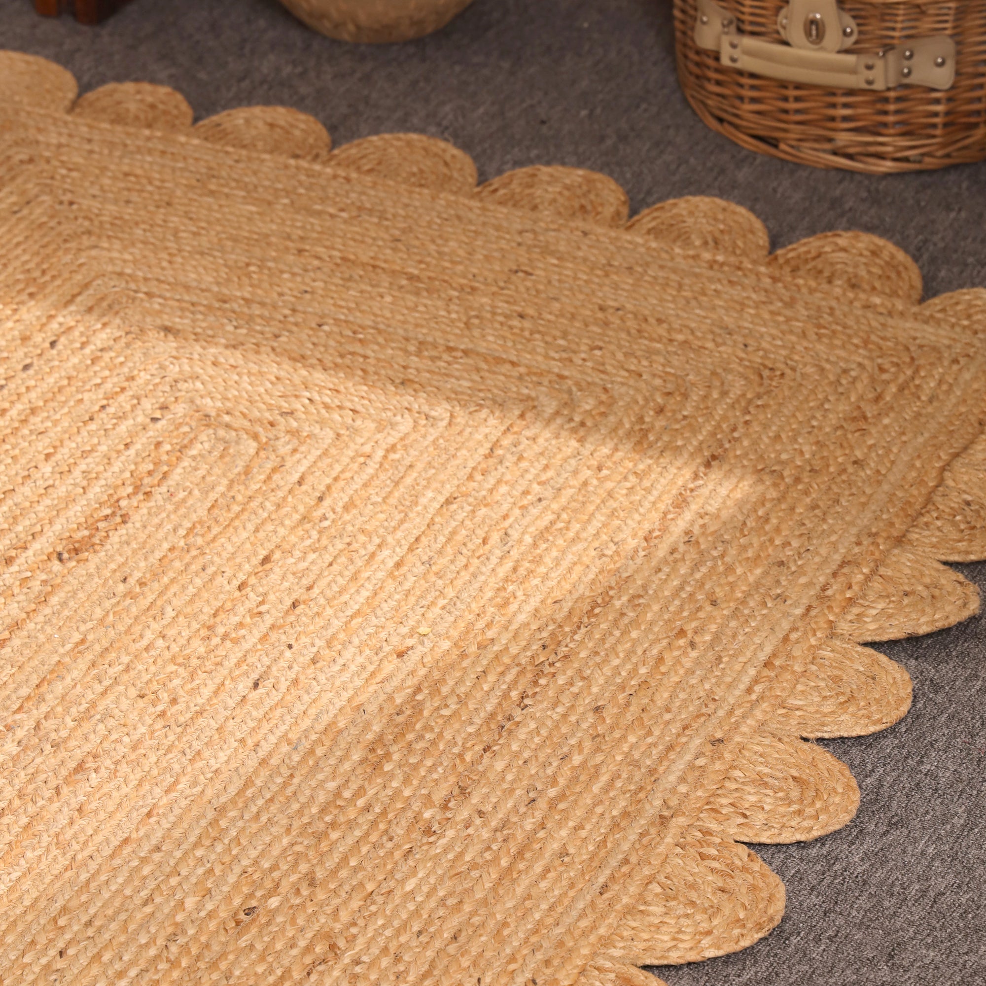 Handwoven Natural Braided Jute Scalloped Rug | Handmade Boho Area Rug | Eco-Friendly Farmhouse Living Room Carpet | Natural Fiber Floor Rug