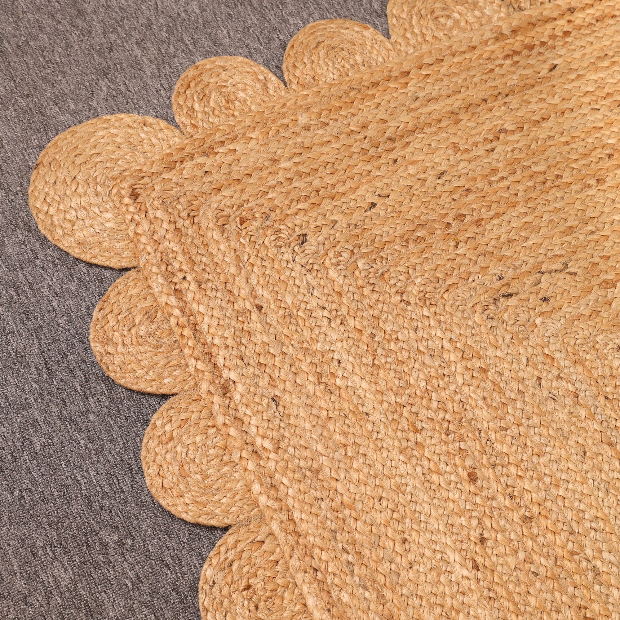 Handwoven Natural Braided Jute Scalloped Rug | Handmade Boho Area Rug | Eco-Friendly Farmhouse Living Room Carpet | Natural Fiber Floor Rug