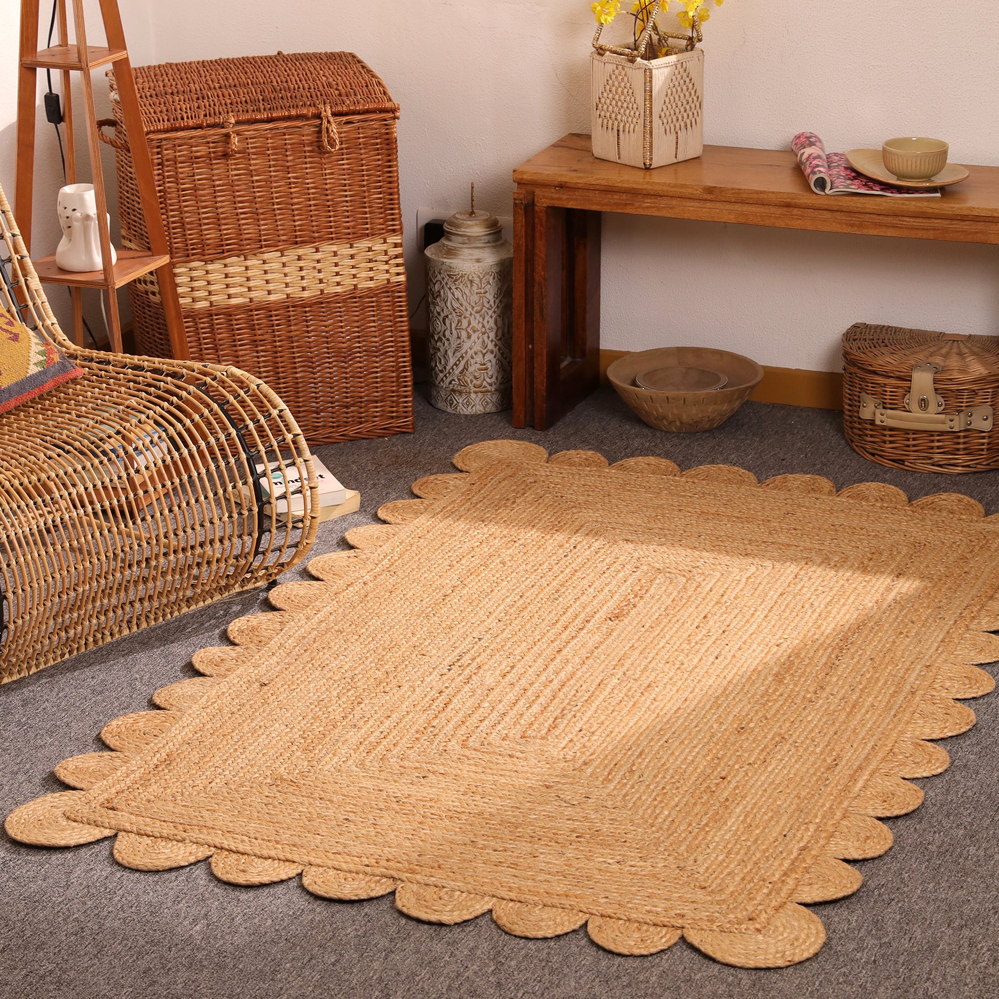 Handwoven Natural Braided Jute Scalloped Rug | Handmade Boho Area Rug | Eco-Friendly Farmhouse Living Room Carpet | Natural Fiber Floor Rug