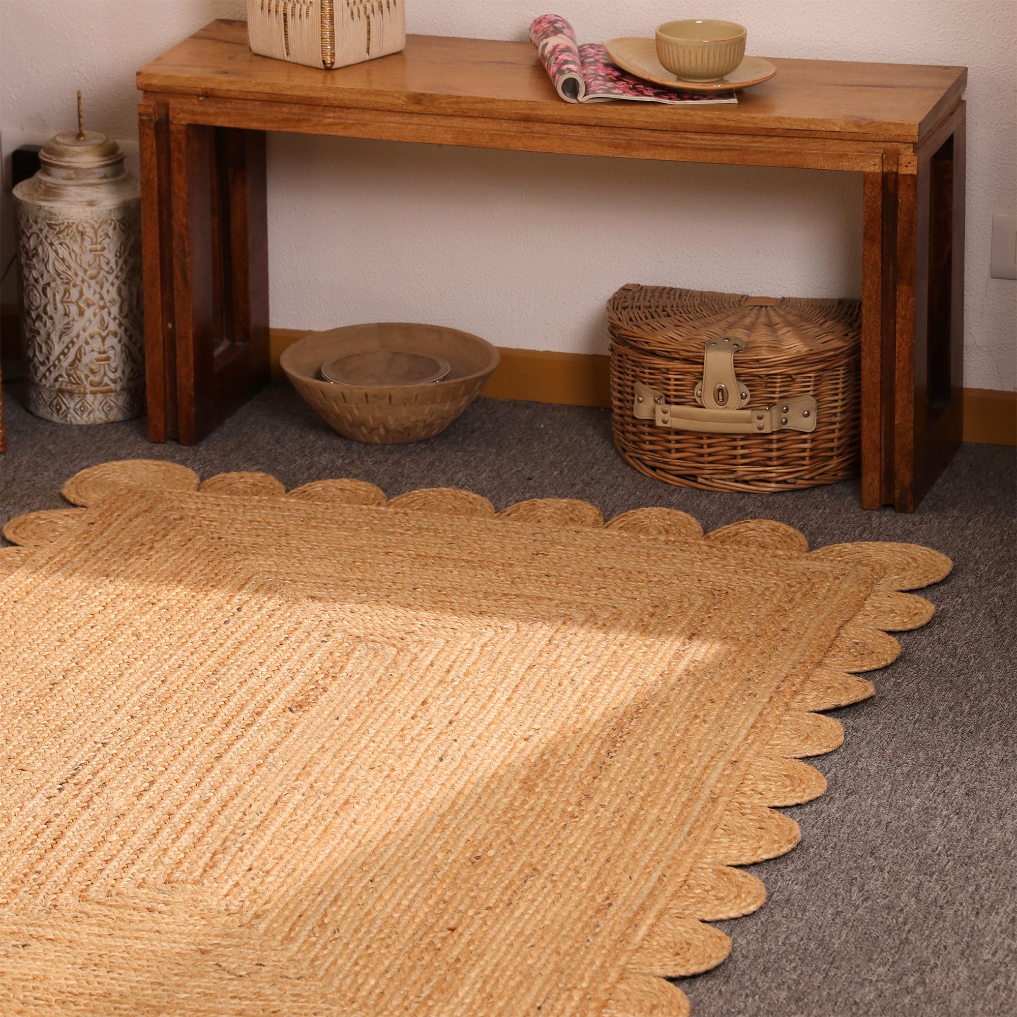 Handwoven Natural Braided Jute Scalloped Rug | Handmade Boho Area Rug | Eco-Friendly Farmhouse Living Room Carpet | Natural Fiber Floor Rug