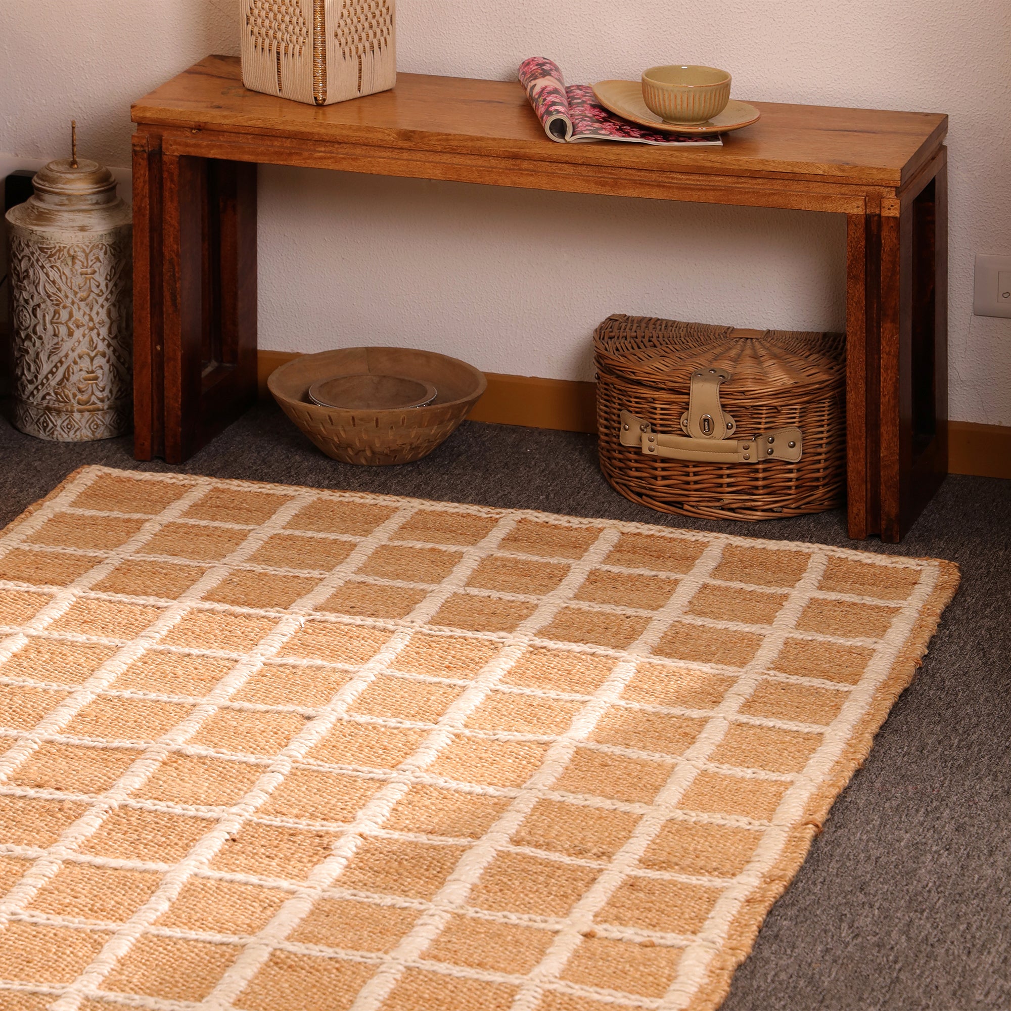 Handwoven Natural Jute Checkered Area Rug Beige Grid pattern Rug