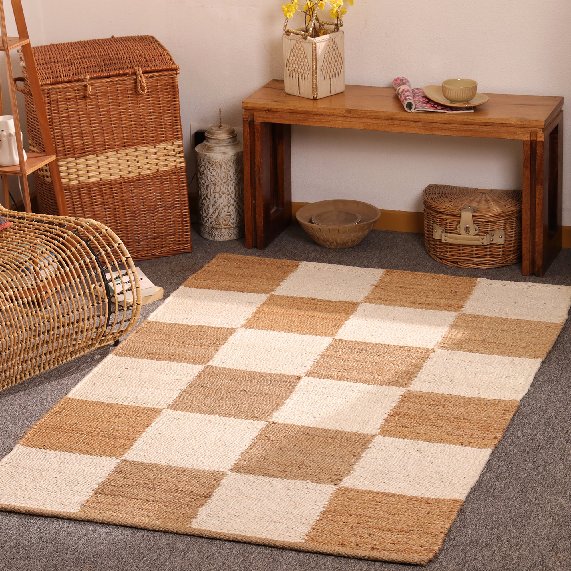 Handwoven Checkered Jute & Cotton Area - Natural Beige & Ivory