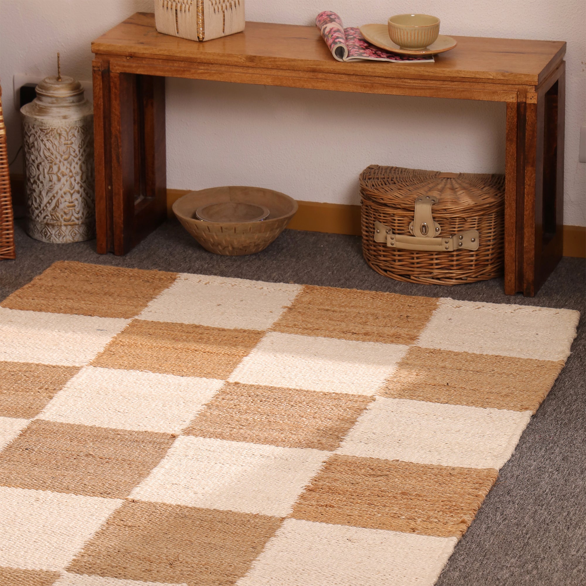 Handwoven Checkered Jute & Cotton Area - Natural Beige & Ivory