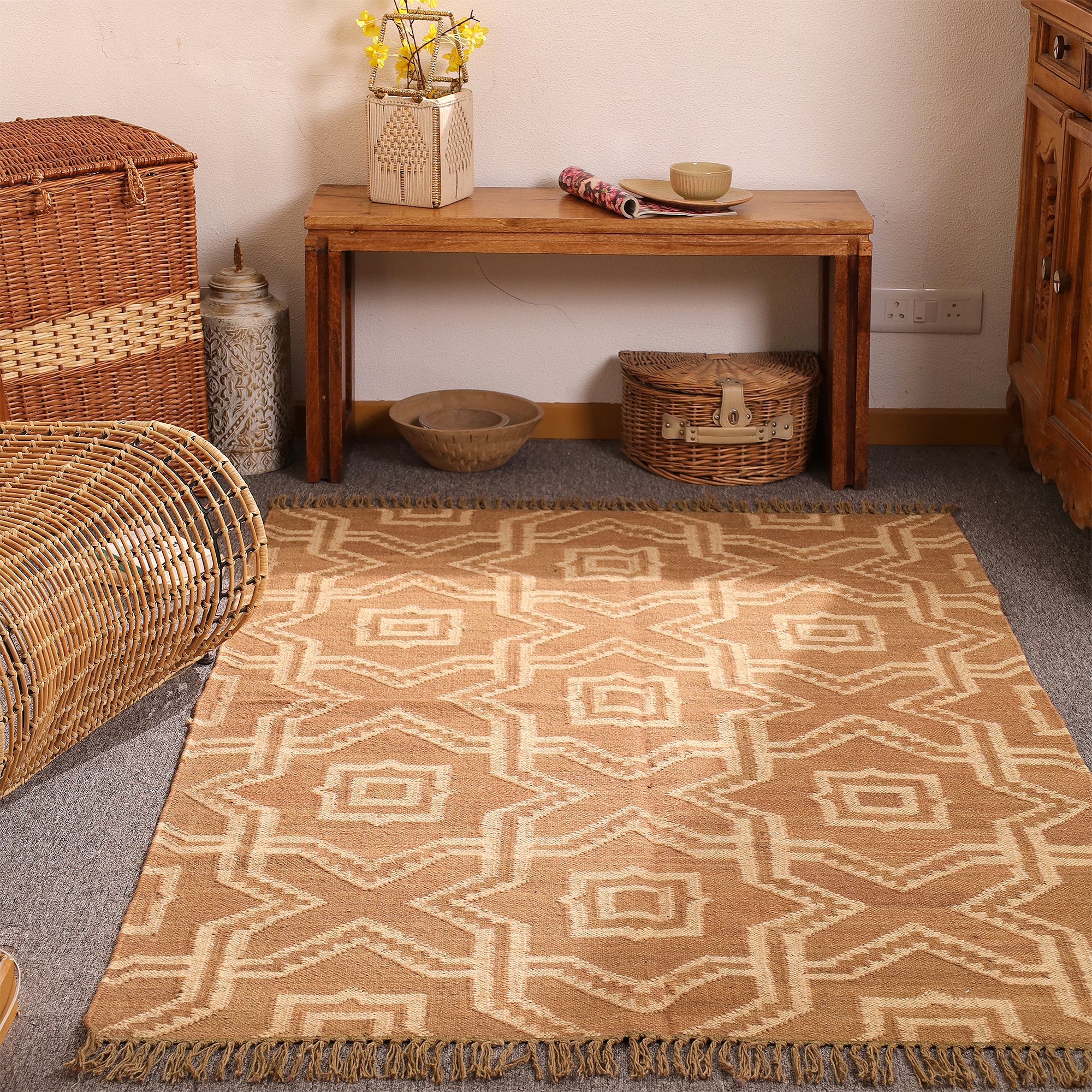 Handwoven Geometric Jute Area Rug - Natural Beige Tribal Rug with Fringe Boho Farmhouse