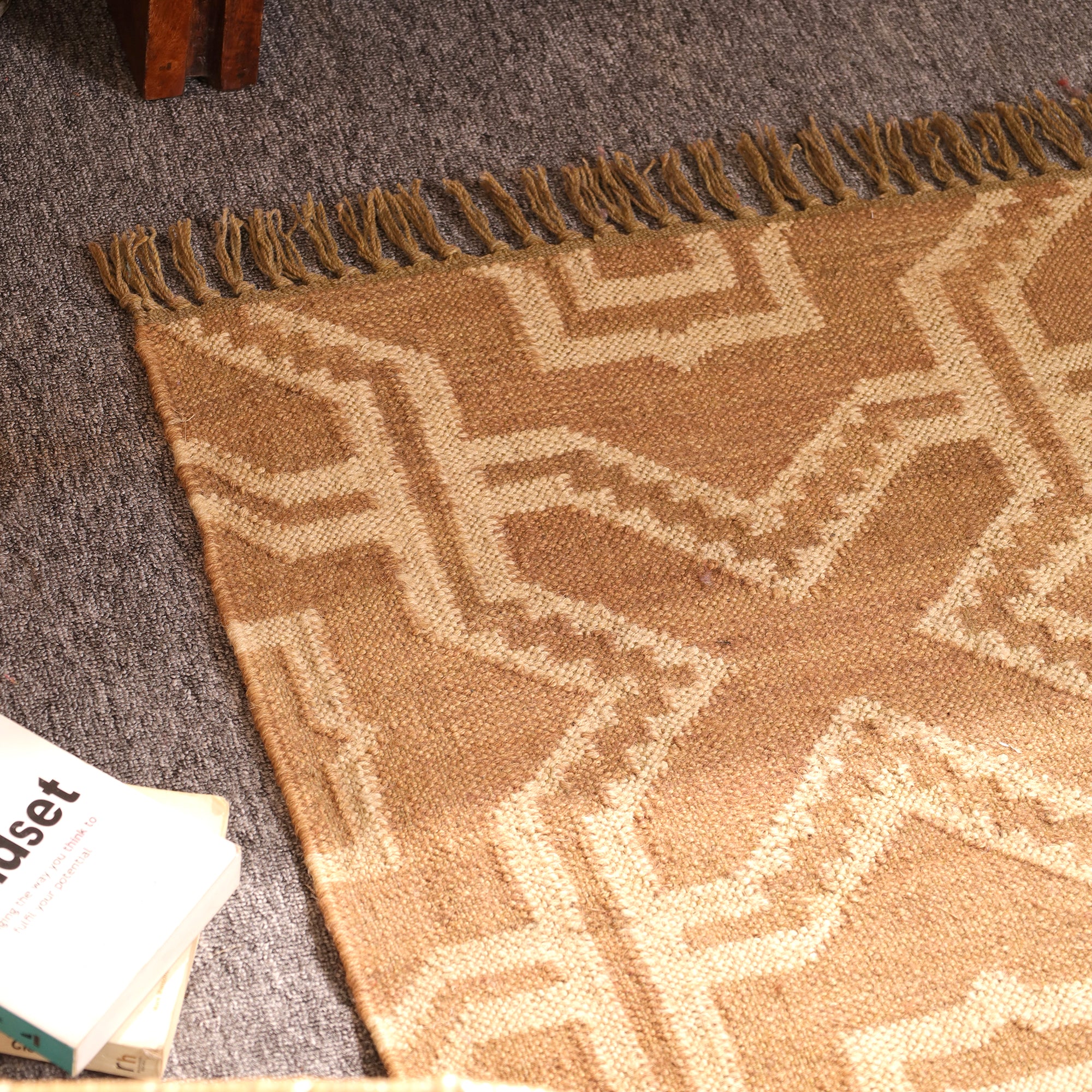 Handwoven Geometric Jute Area Rug - Natural Beige Tribal Rug with Fringe Boho Farmhouse