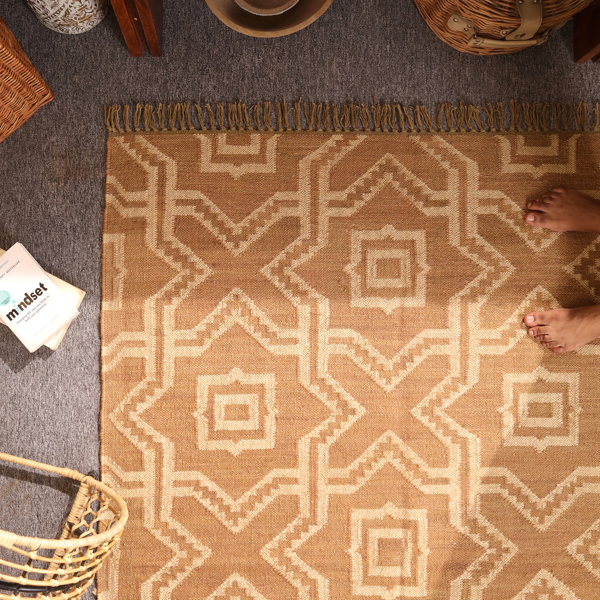 Handwoven Geometric Jute Area Rug - Natural Beige Tribal Rug with Fringe Boho Farmhouse