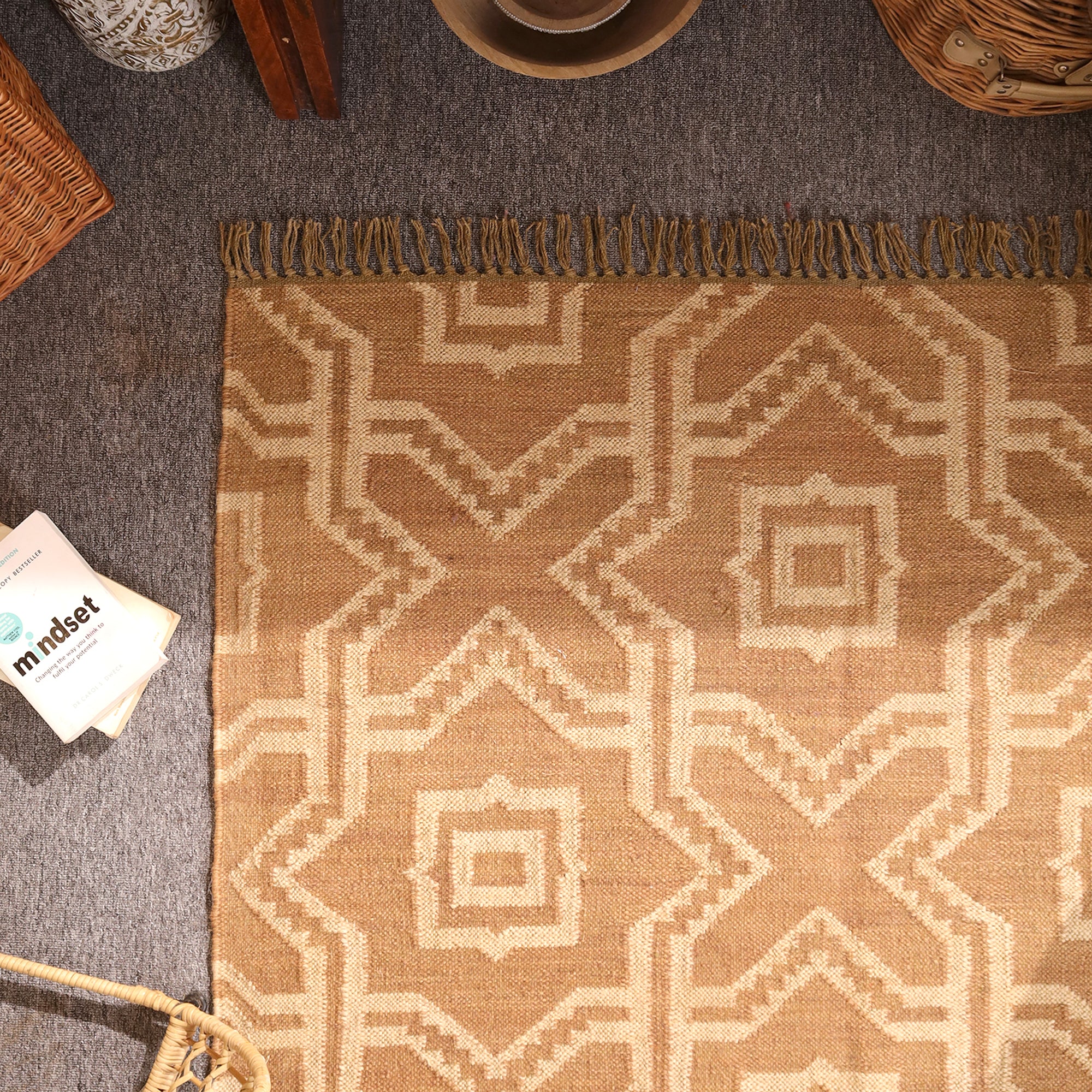 Handwoven Geometric Jute Area Rug - Natural Beige Tribal Rug with Fringe Boho Farmhouse