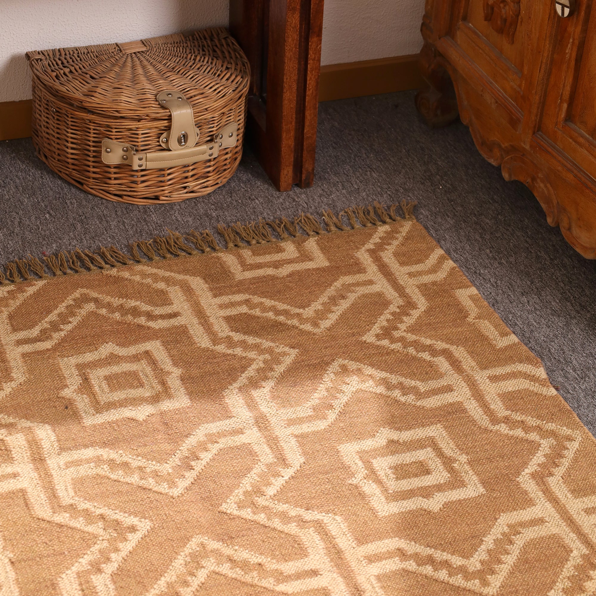 Handwoven Geometric Jute Area Rug - Natural Beige Tribal Rug with Fringe Boho Farmhouse