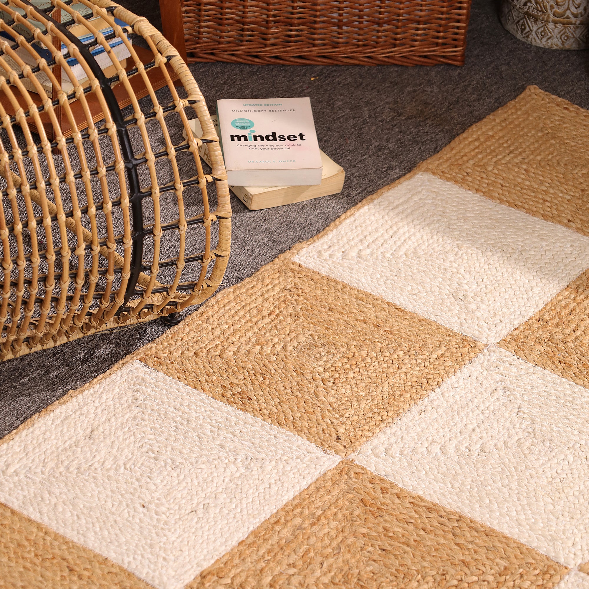 Handwoven Checkerboard Jute Area Rug โ Natural & Ivory Handmade Boho Rug | Eco-Friendly Farmhouse Carpet