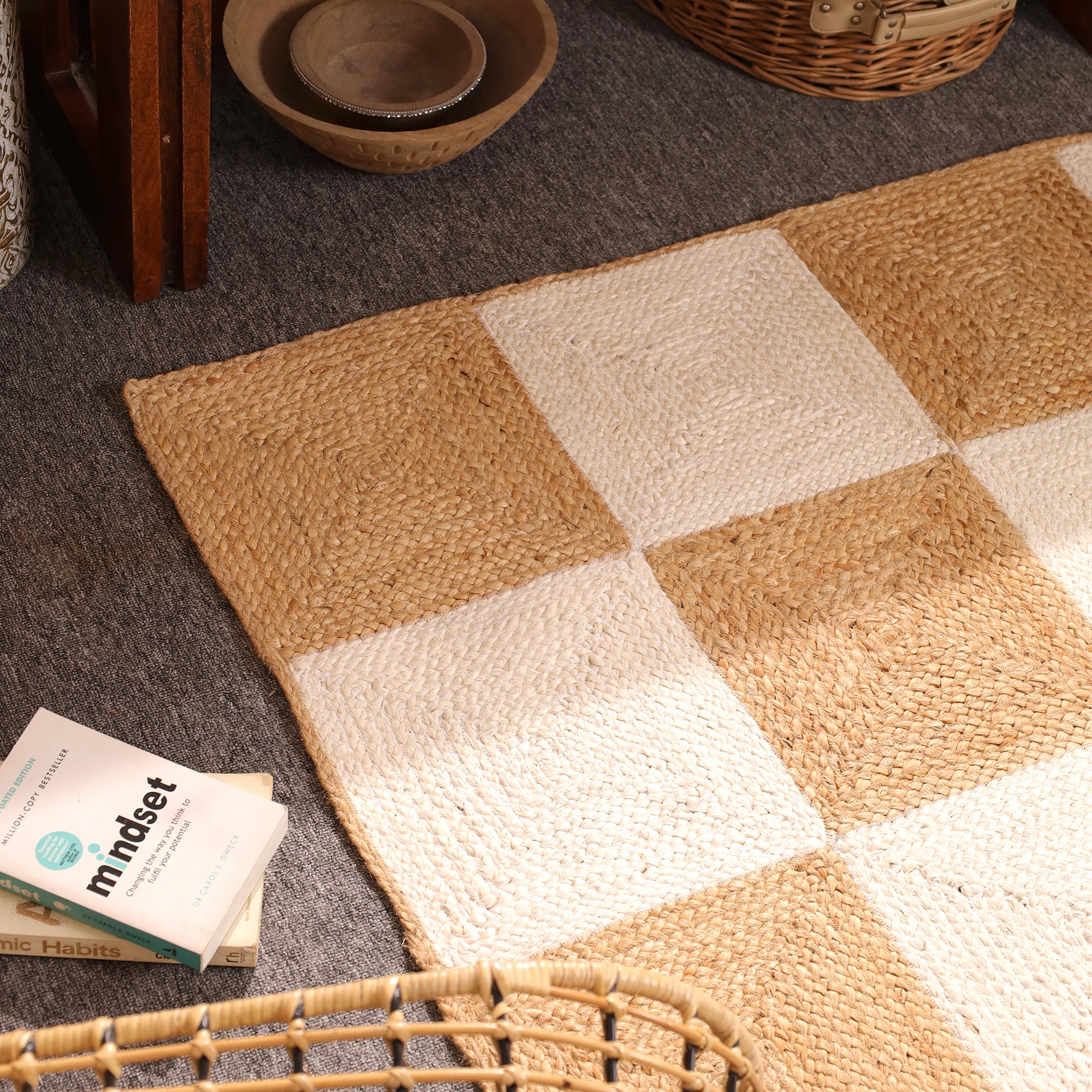 Handwoven Checkerboard Jute Area Rug โ Natural & Ivory Handmade Boho Rug | Eco-Friendly Farmhouse Carpet