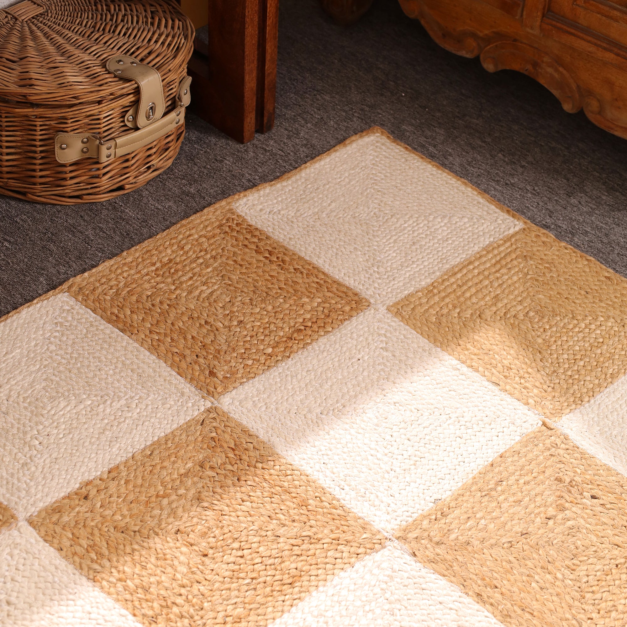Handwoven Checkerboard Jute Area Rug โ Natural & Ivory Handmade Boho Rug | Eco-Friendly Farmhouse Carpet