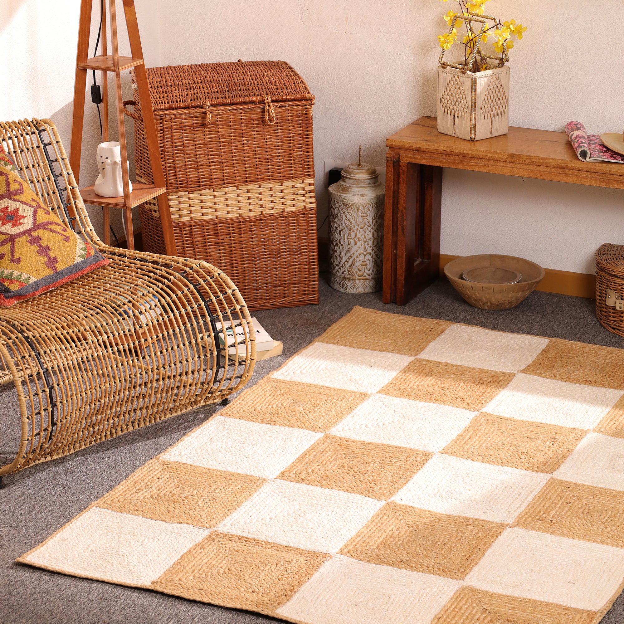 Handwoven Checkerboard Jute Area Rug โ Natural & Ivory Handmade Boho Rug | Eco-Friendly Farmhouse Carpet