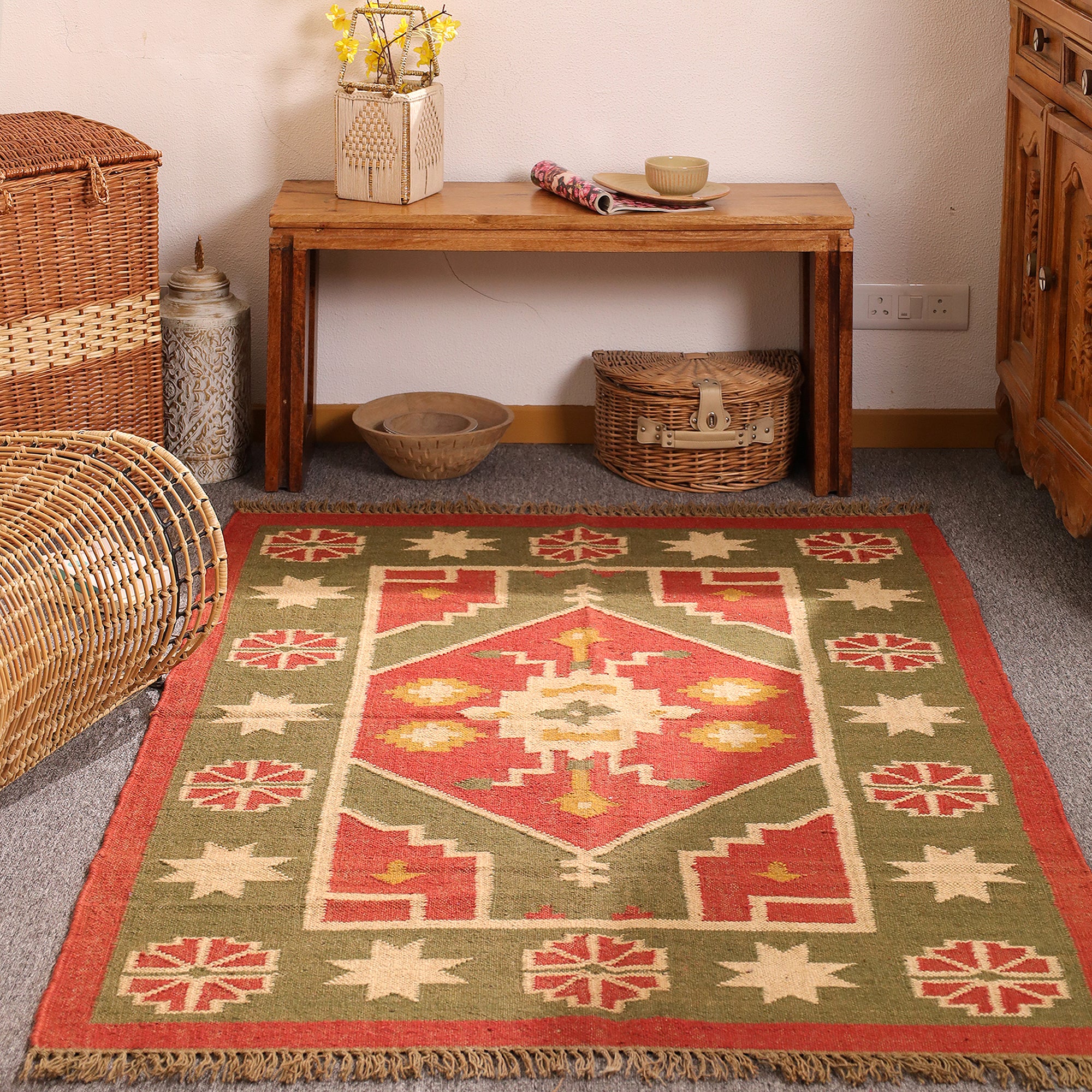 Handwoven Southwestern Kilim Rug – Handmade Tribal Wool Area Rug | Rustic Boho Geometric Flatweave Carpet