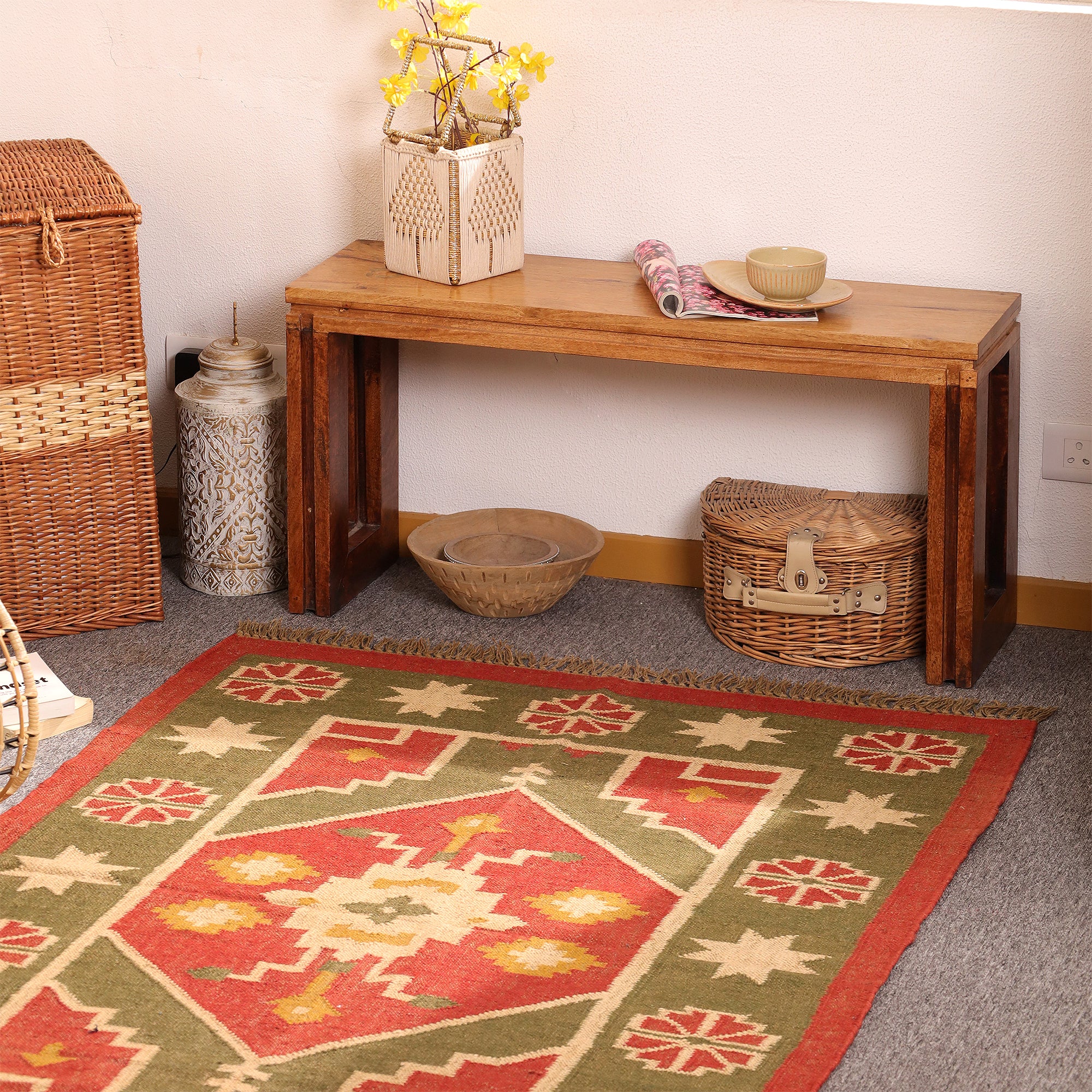 Handwoven Southwestern Kilim Rug – Handmade Tribal Wool Area Rug | Rustic Boho Geometric Flatweave Carpet