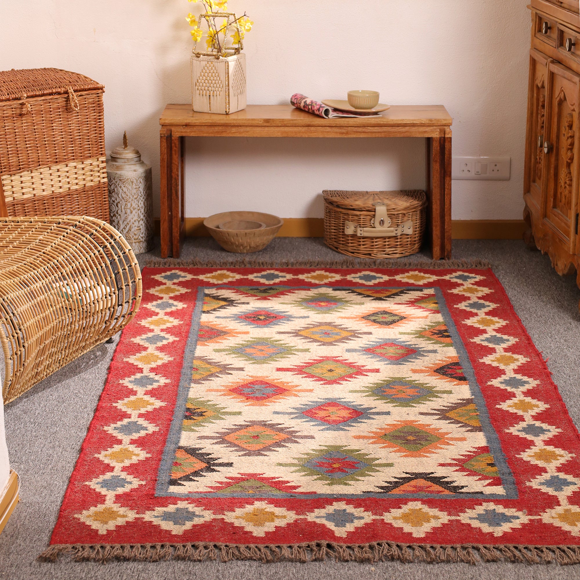 Handmade Red Kilim Area Rug - Wool Flateweave Geometric Tribal Carpet for Living Room