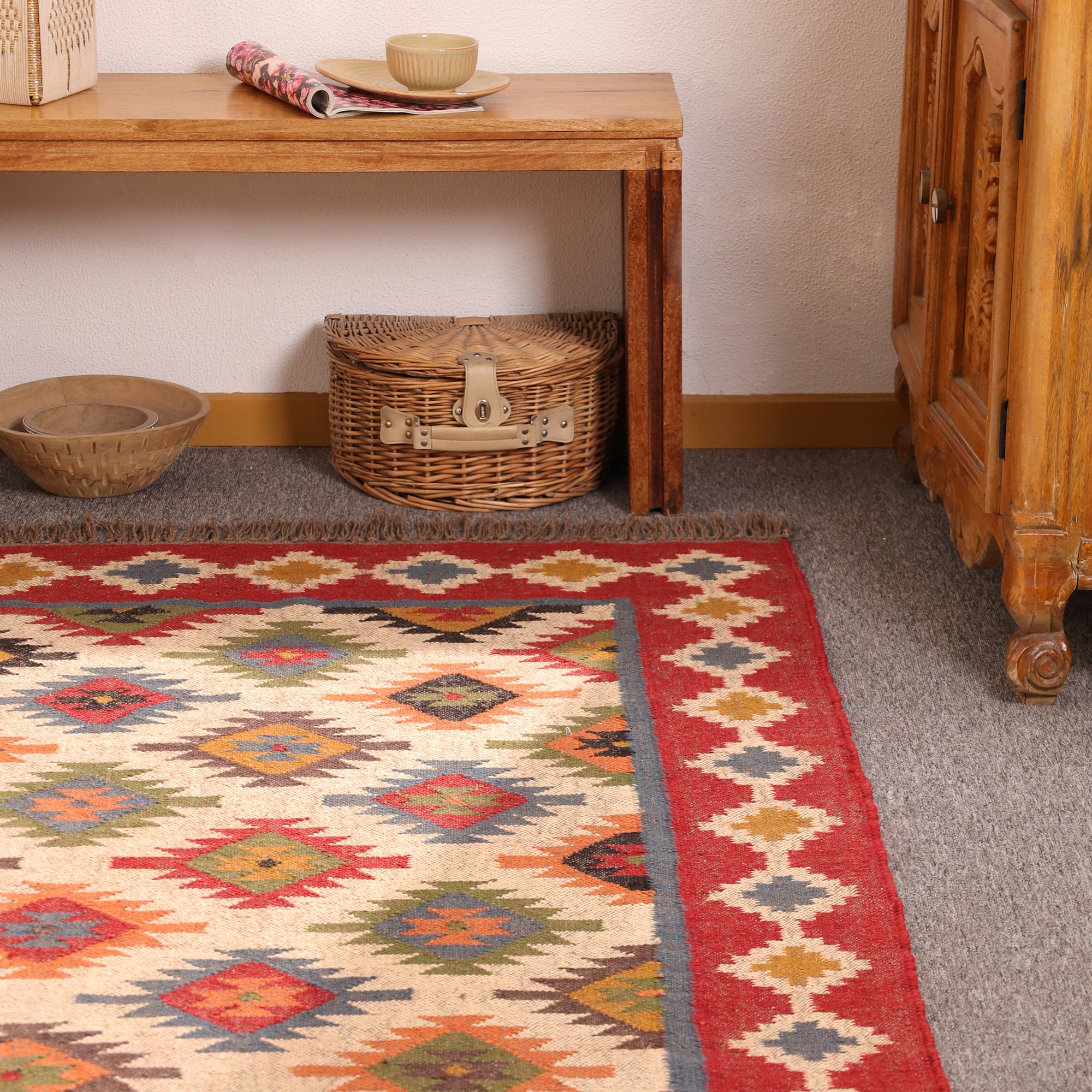 Handmade Red Kilim Area Rug - Wool Flateweave Geometric Tribal Carpet for Living Room