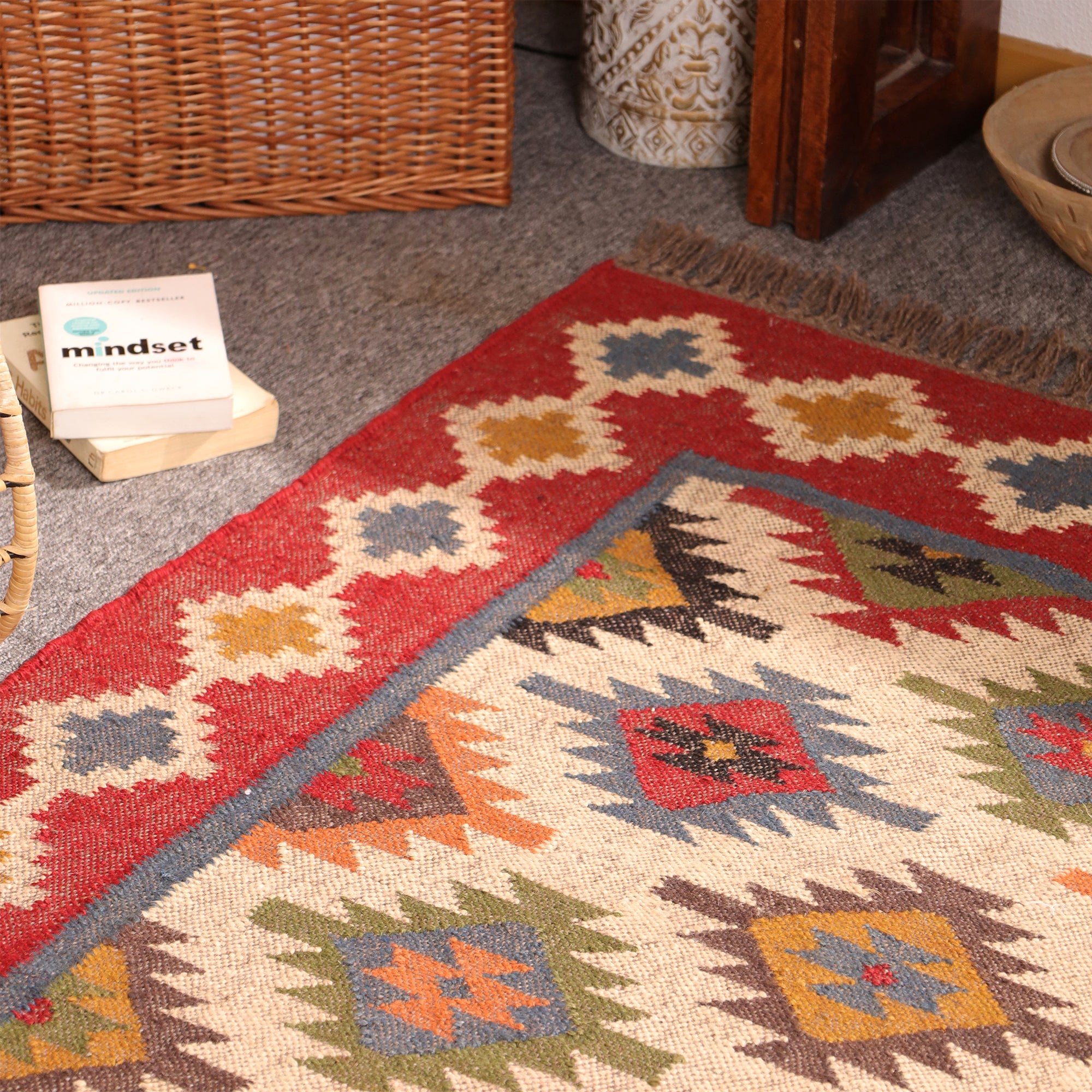 Handmade Red Kilim Area Rug - Wool Flateweave Geometric Tribal Carpet for Living Room