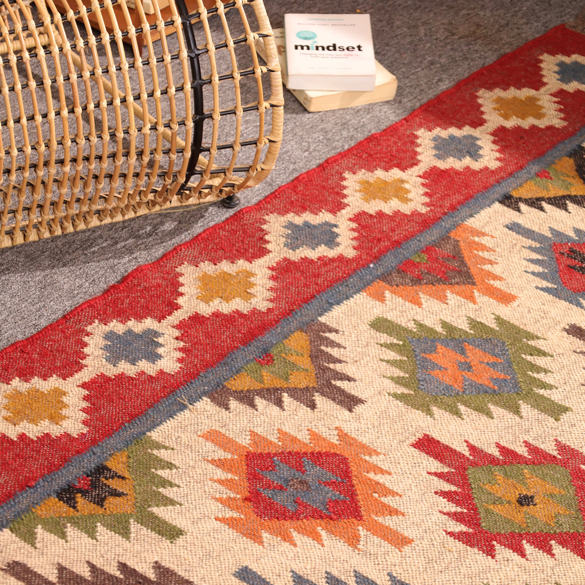 Handmade Red Kilim Area Rug - Wool Flateweave Geometric Tribal Carpet for Living Room