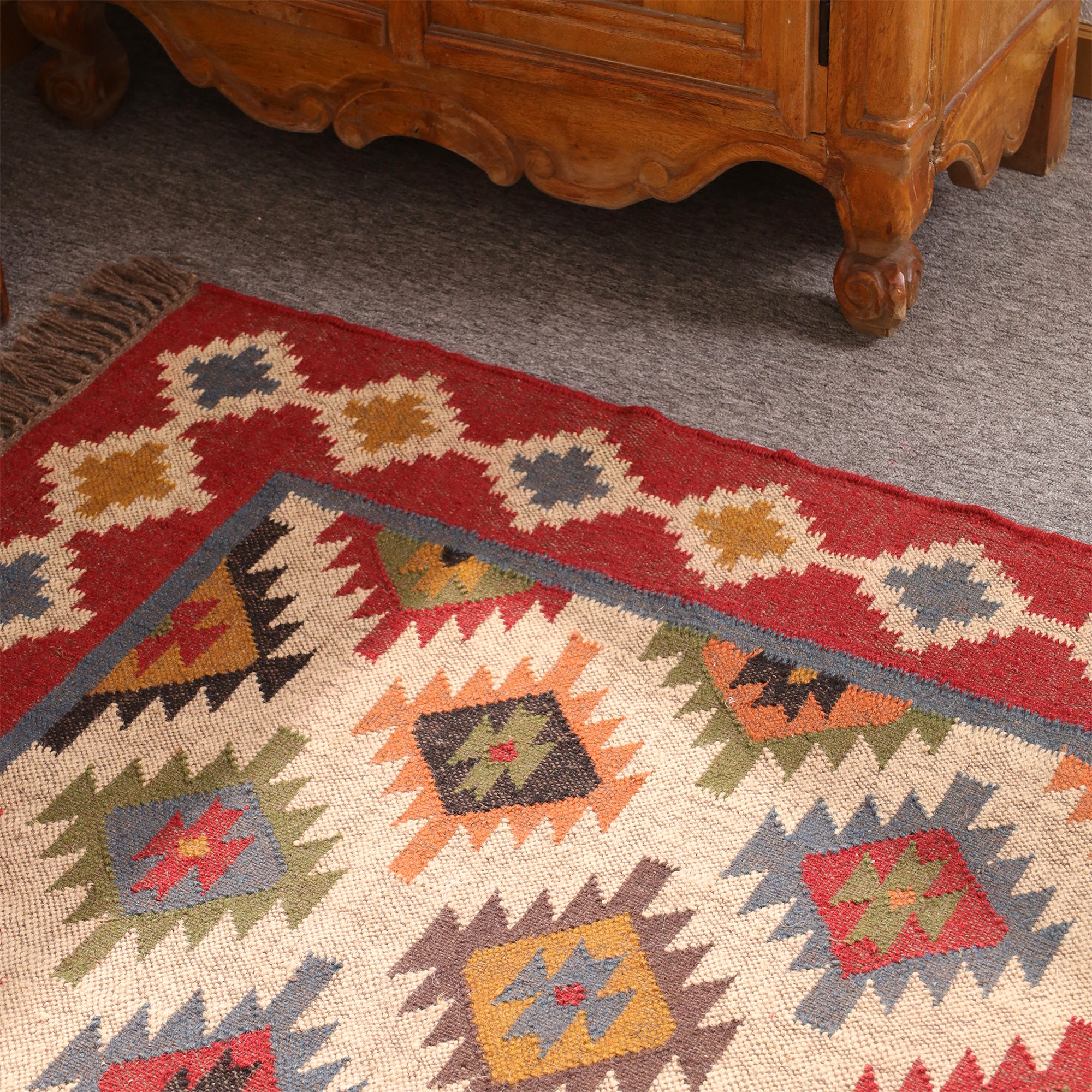 Handmade Red Kilim Area Rug - Wool Flateweave Geometric Tribal Carpet for Living Room
