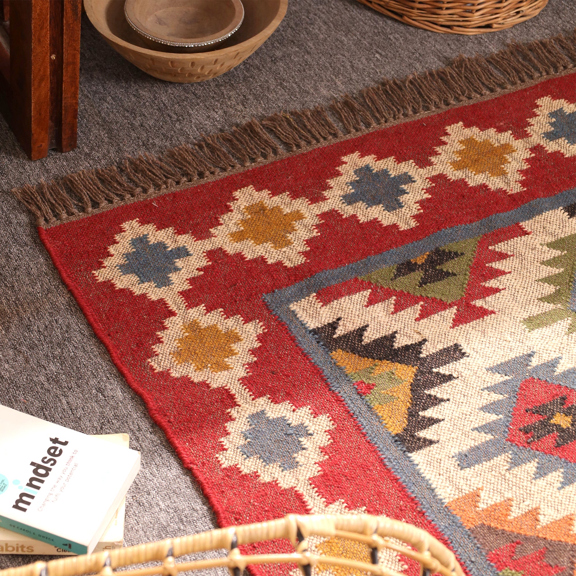 Handmade Red Kilim Area Rug - Wool Flateweave Geometric Tribal Carpet for Living Room