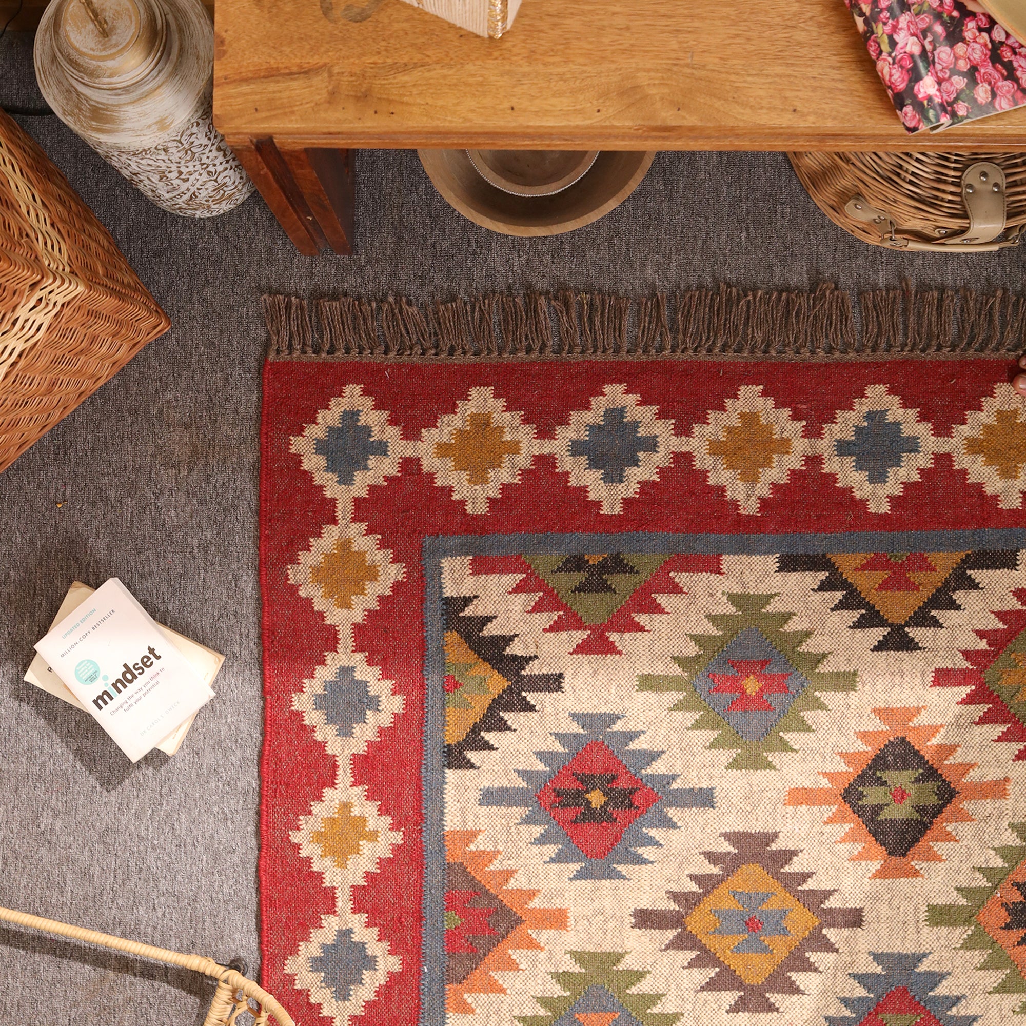 Handmade Red Kilim Area Rug - Wool Flateweave Geometric Tribal Carpet for Living Room