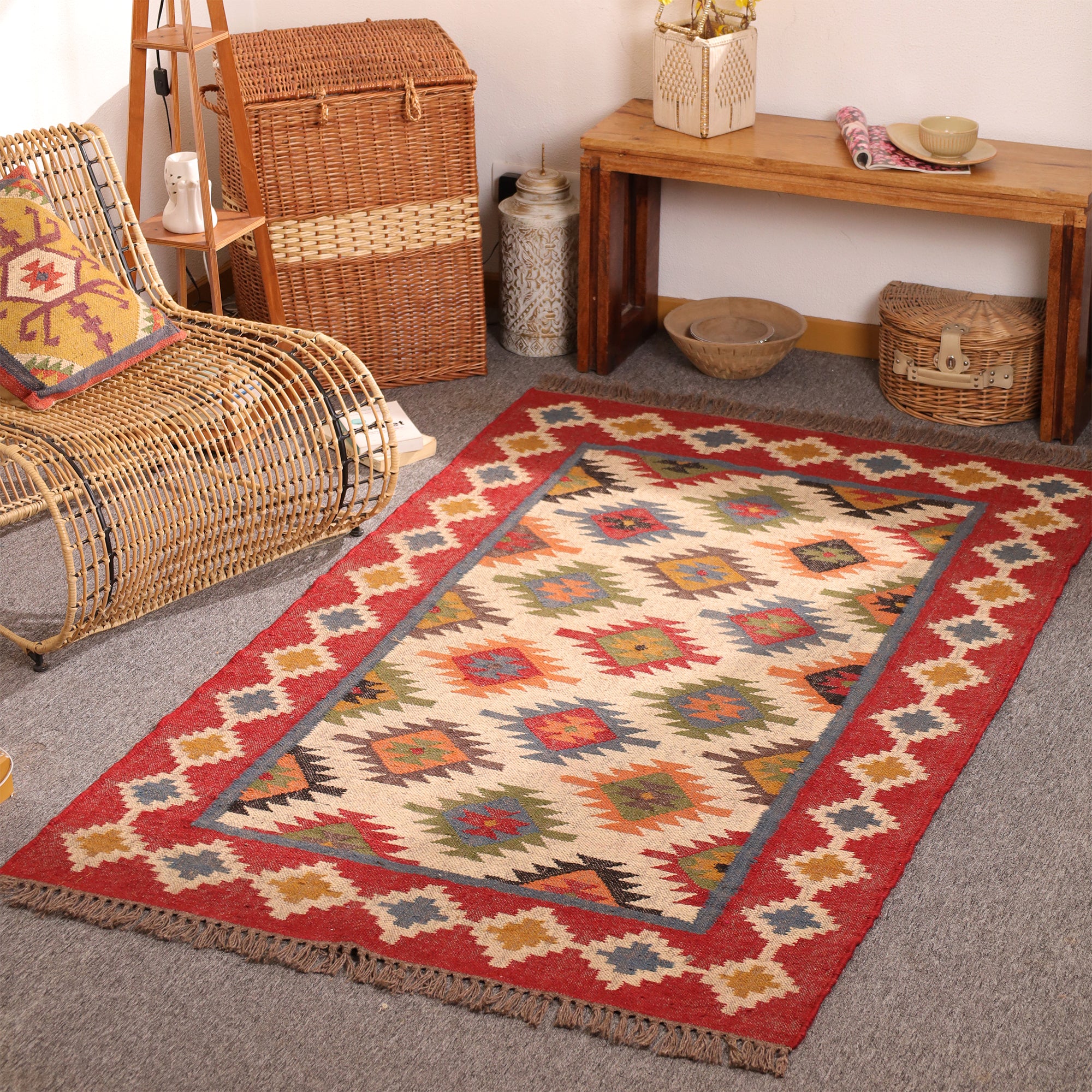 Handmade Red Kilim Area Rug - Wool Flateweave Geometric Tribal Carpet for Living Room