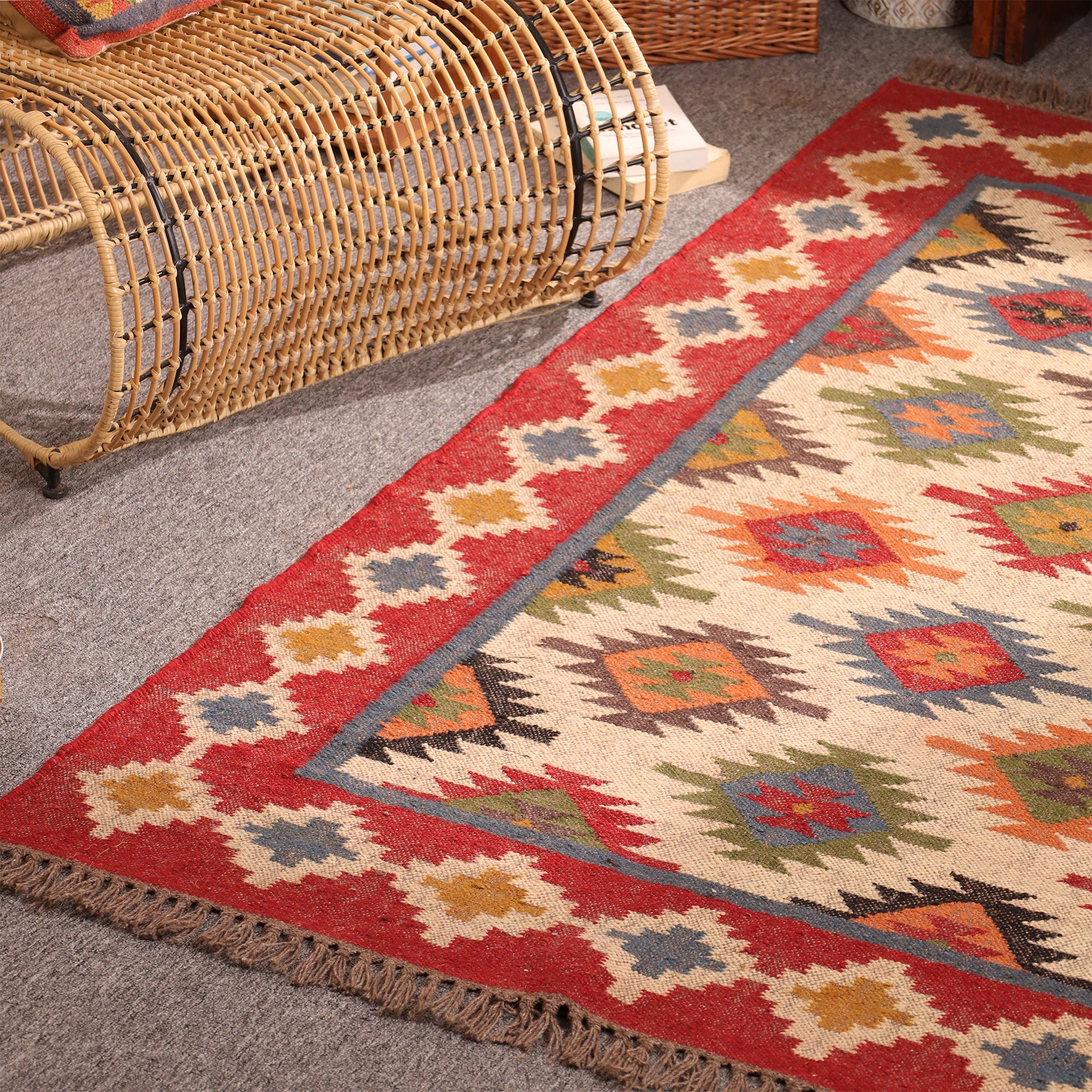Handmade Red Kilim Area Rug - Wool Flateweave Geometric Tribal Carpet for Living Room