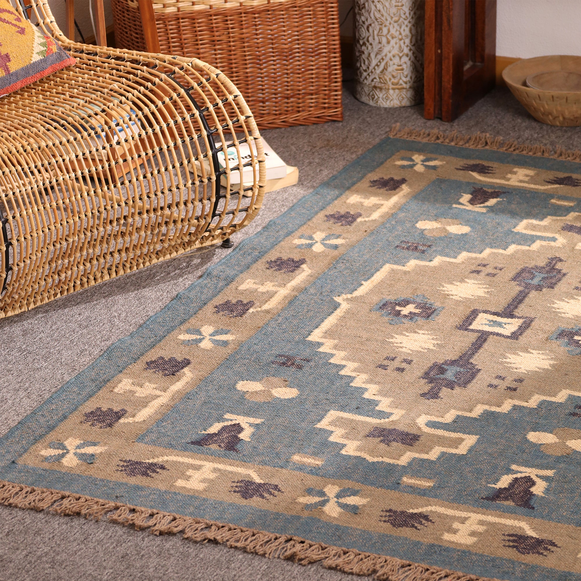 Handmade Blue Kilim Area Rug Wool Flatweave Tribal Geometric Carpet for Living Room