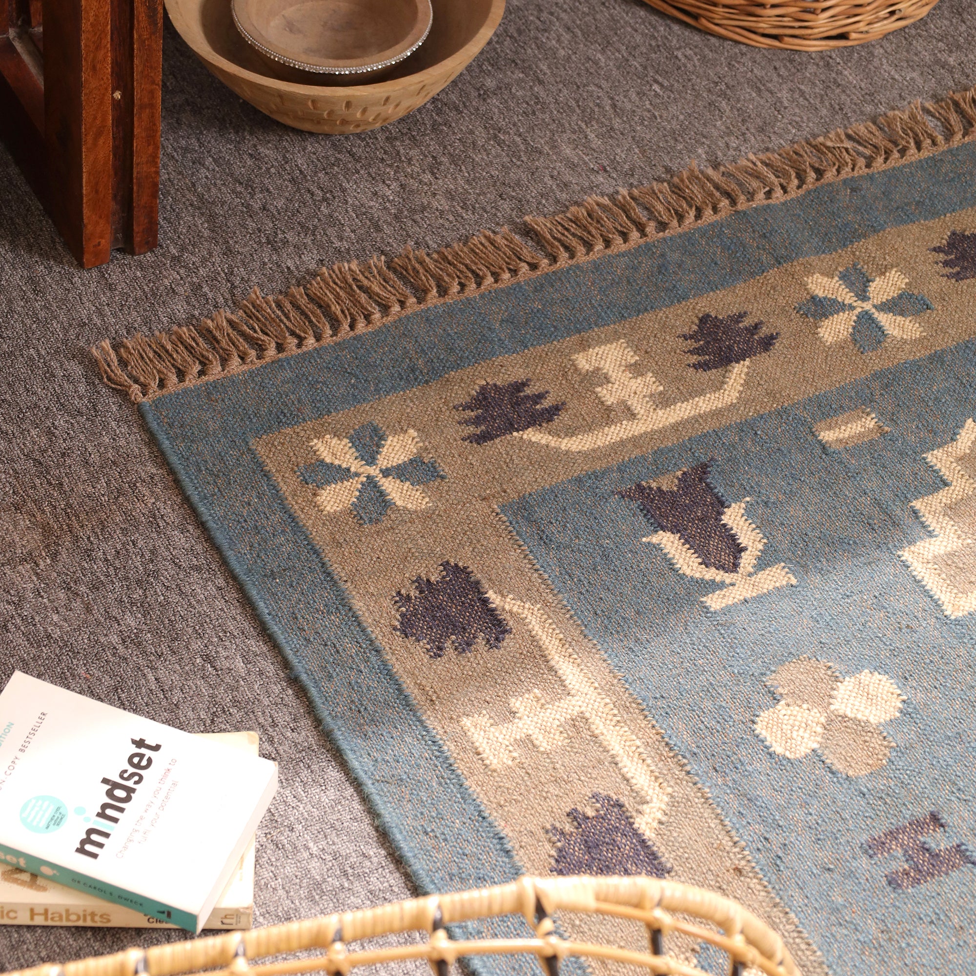 Handmade Blue Kilim Area Rug Wool Flatweave Tribal Geometric Carpet for Living Room