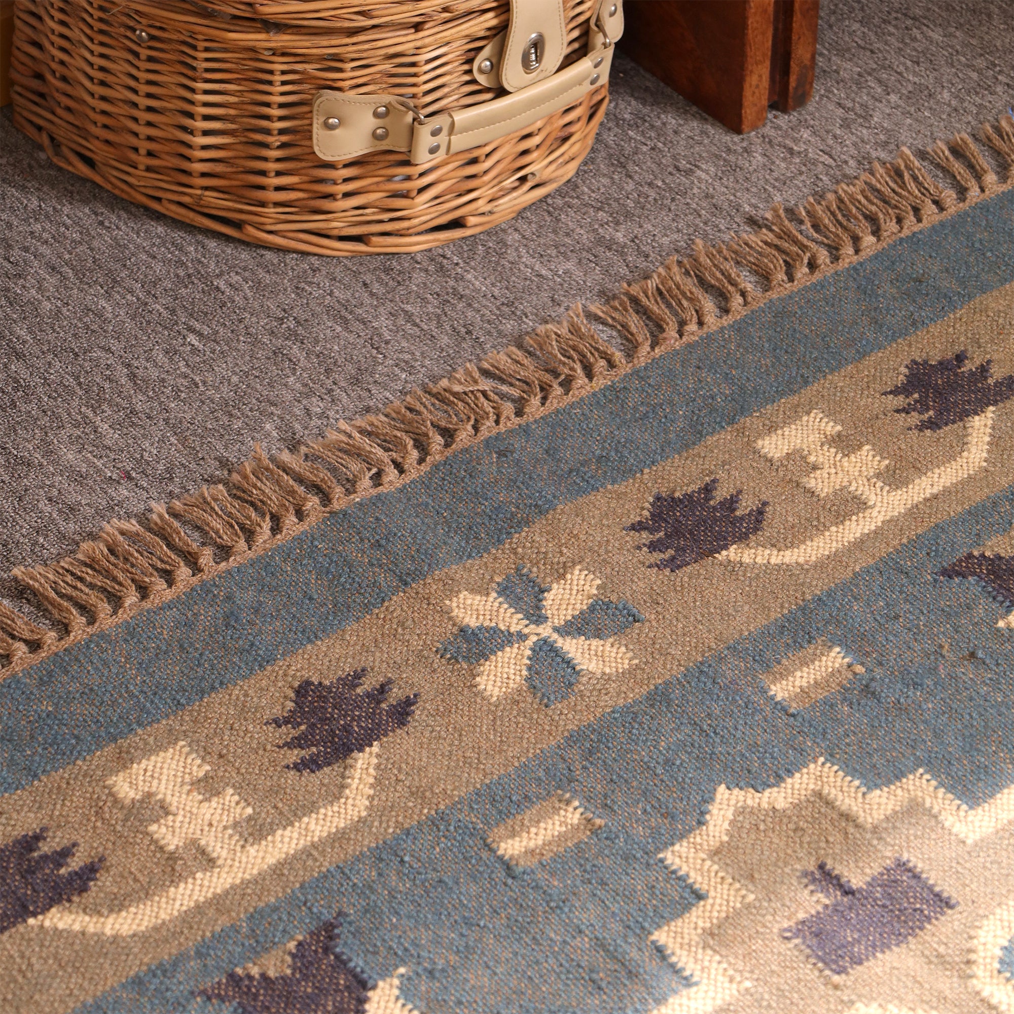 Handmade Blue Kilim Area Rug Wool Flatweave Tribal Geometric Carpet for Living Room